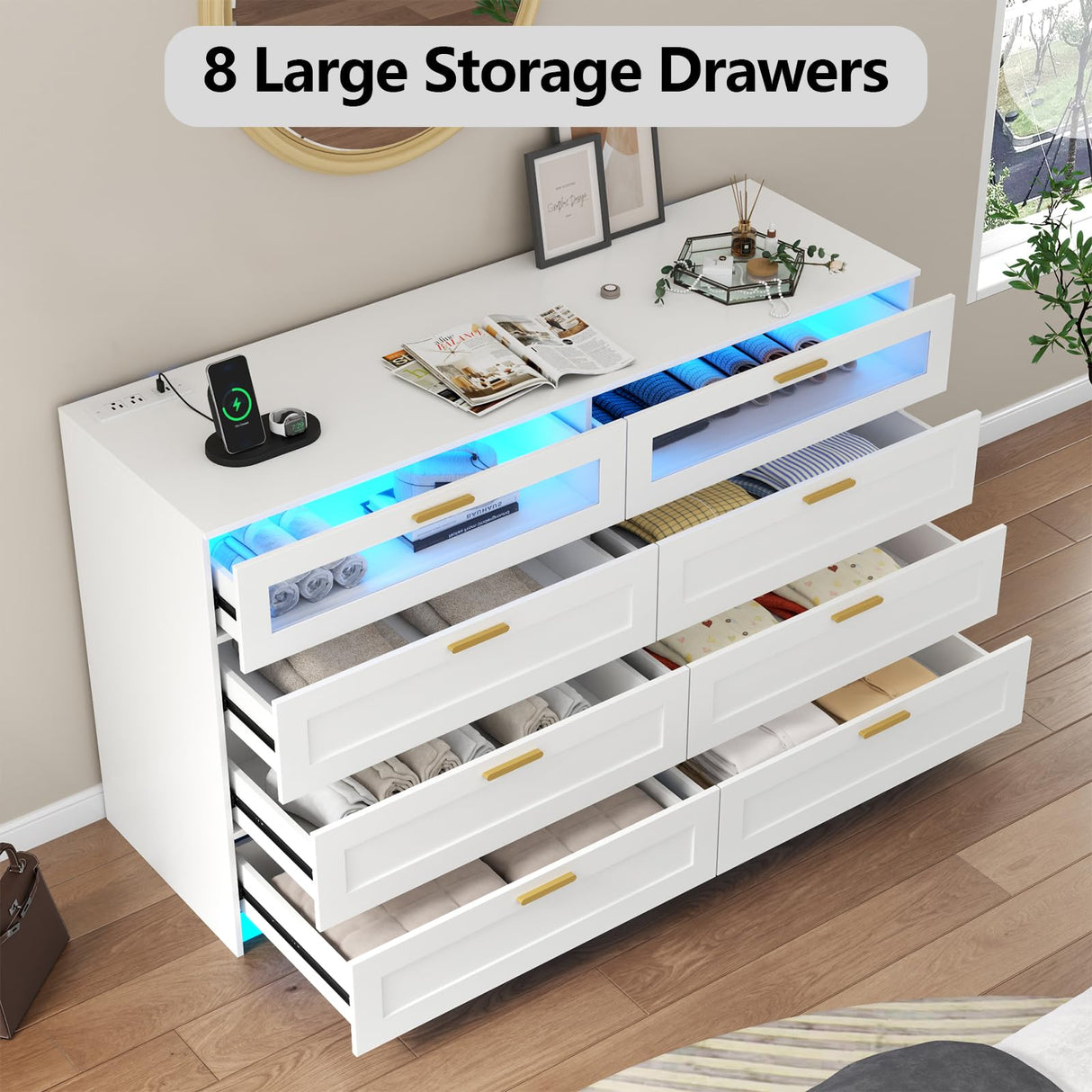 8 Drawers Dresser with Charging Station, White Dresser for Bedroom with LED Lights, Modern Chest of Drawers for Closet, Double Wide Dresser Organizer for Bedroom, Living Room, Entryway (White) Gyfimoie