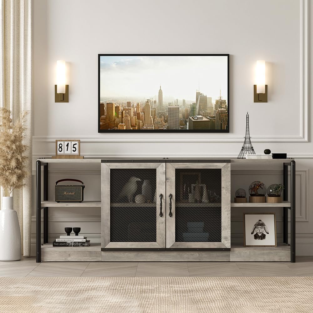 IDEALHOUSE TV Stand for 65 inches TVs, Farmhouse Entertainment Center with Storage Cabinet and Mesh Doors, Industrial TV Media Console Cabinet Table, Media Furniture for Living Room, Rustic Grey IDEALHOUSE