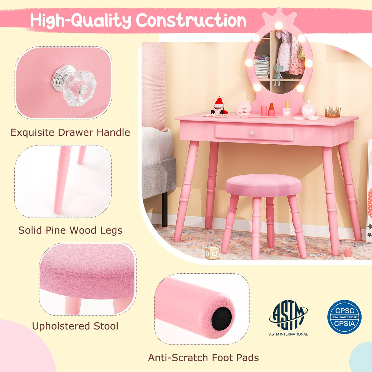 Costzon Kids Vanity, Girls Vanity Set with Mirror and Stool and Lights, Drawer, 2 in 1 Wooden Toddler Makeup Vanity Desk Dressing Table, Pretend Play Kids Vanity Table and Chair Set (Pink) Costzon