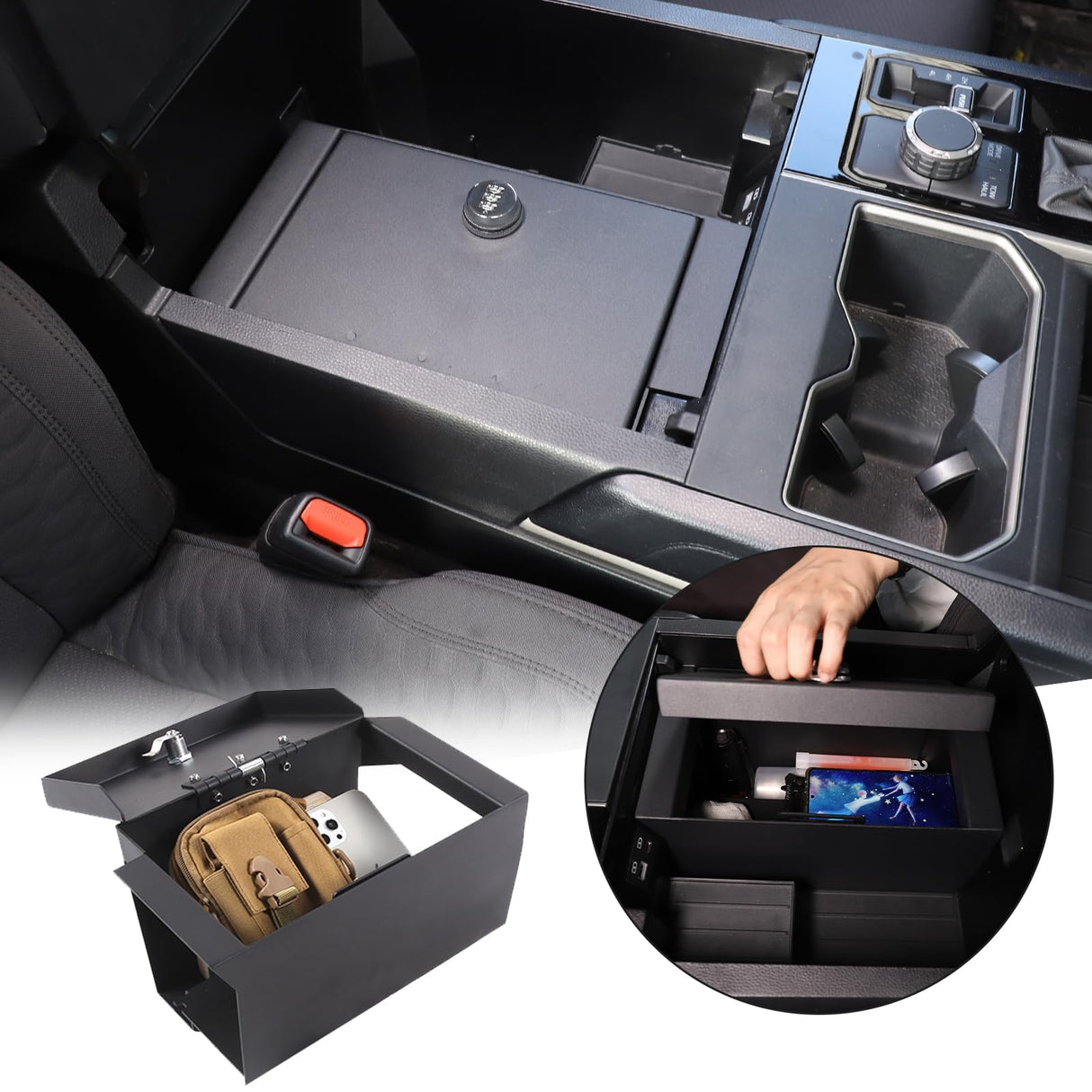 Car Center Console Safe Box Compatible with Toyot@ Tundra 2022-2025,Center Console Armrest Safe Lock Box Armrest Gun Security Organizer Tray with 3-Position Combination Lock and Key (black) HAPPYHORSE