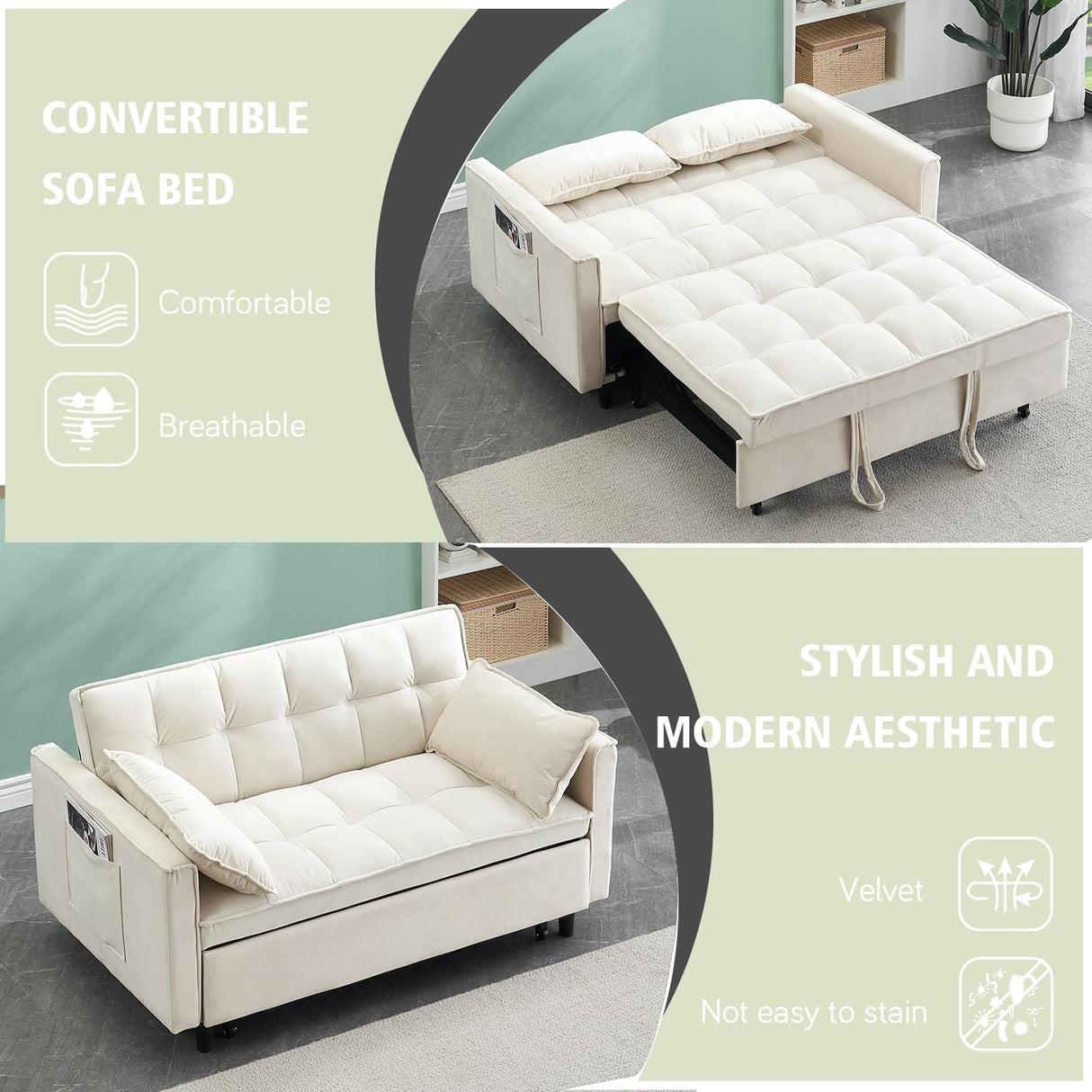 3 In 1 Velvet Convertible Sofa Bed, Pull Out Couch Bed with Reclining Backrest And 2 Pillows, 54" Full Size Loveseat Sleeper Sofa Futon Couch Bed, Couches For Small Spaces, Living Room (White) anwickjeff