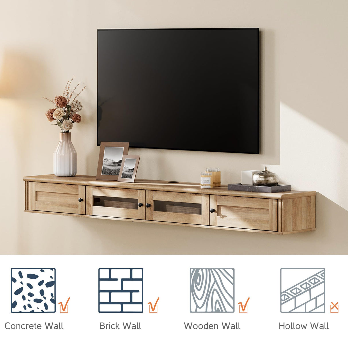 WAMPAT Floating TV Stand for TVs up to 80 Inch, Wooden Floating TV Shelf with Storage Cabinet, Modern Floating TV Shelf Entertainment Center for Living Room, Oak WAMPAT