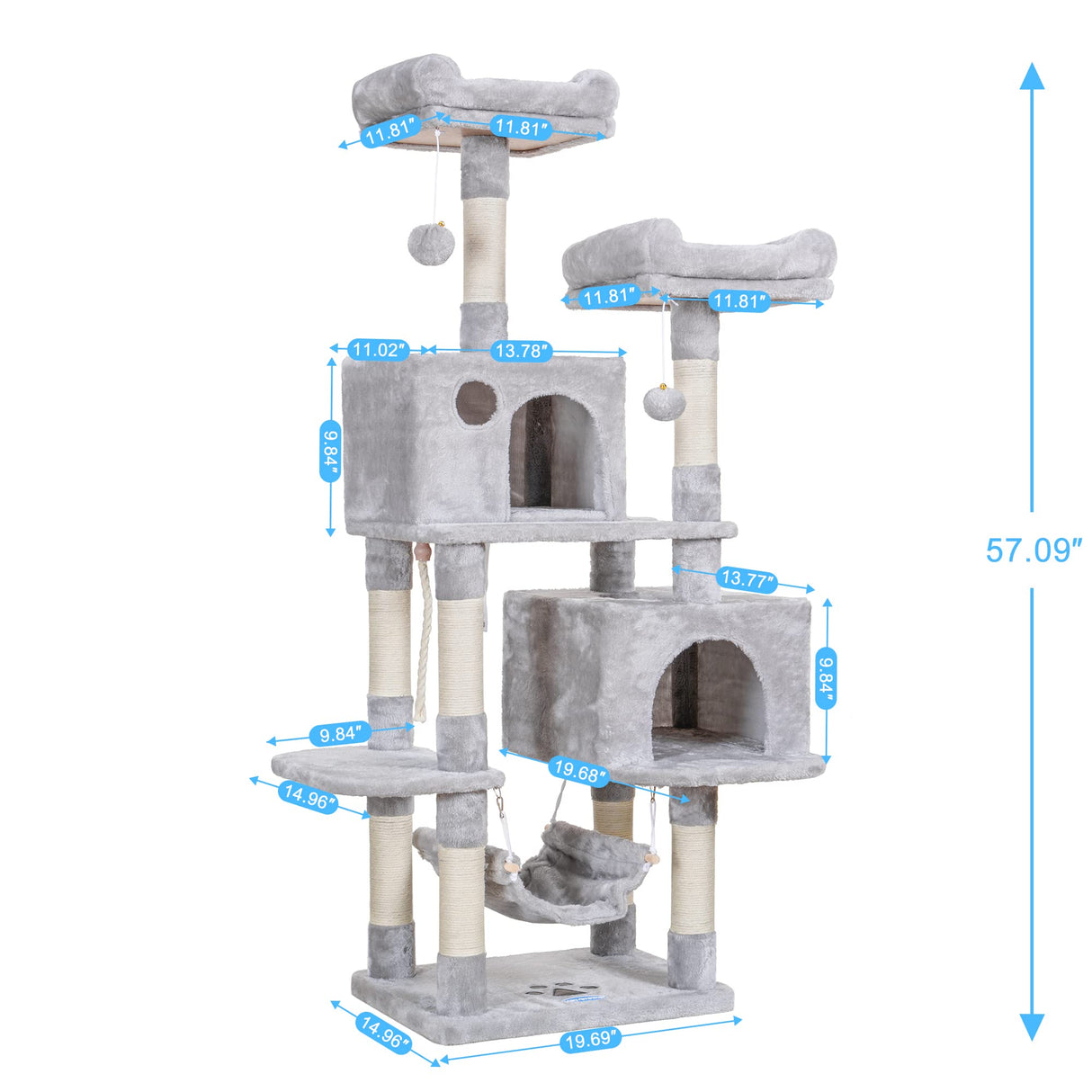 Hey-brother Multi-Level Cat Tree Condo Furniture with Sisal-Covered Scratching Posts, 2 Plush Condos, Perch Hammock for Kittens, Cats and Pets, Light Gray MPJ020-SW Hey-brother