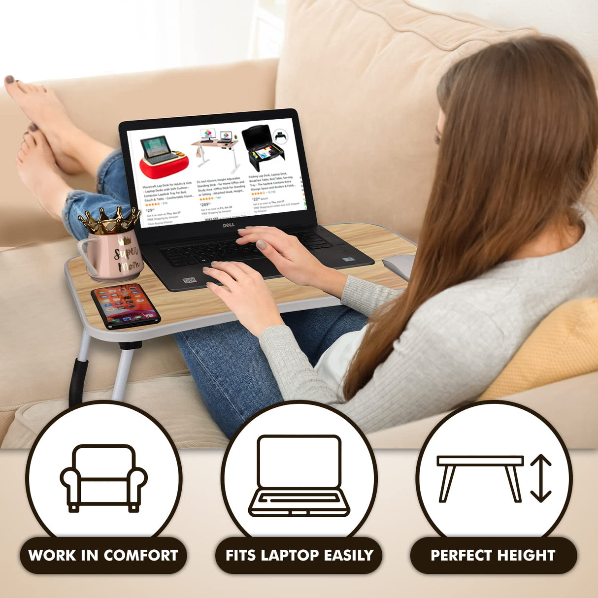 MAVOCRAFT Folding Lap Desk for Bed and Sofa - Portable Wide Surface Bed Desk with Built-in Cup Holder and Tablet or Phone Slot for Working, Studying, Eating, and Watching Movies (Wood) Mavo Craft