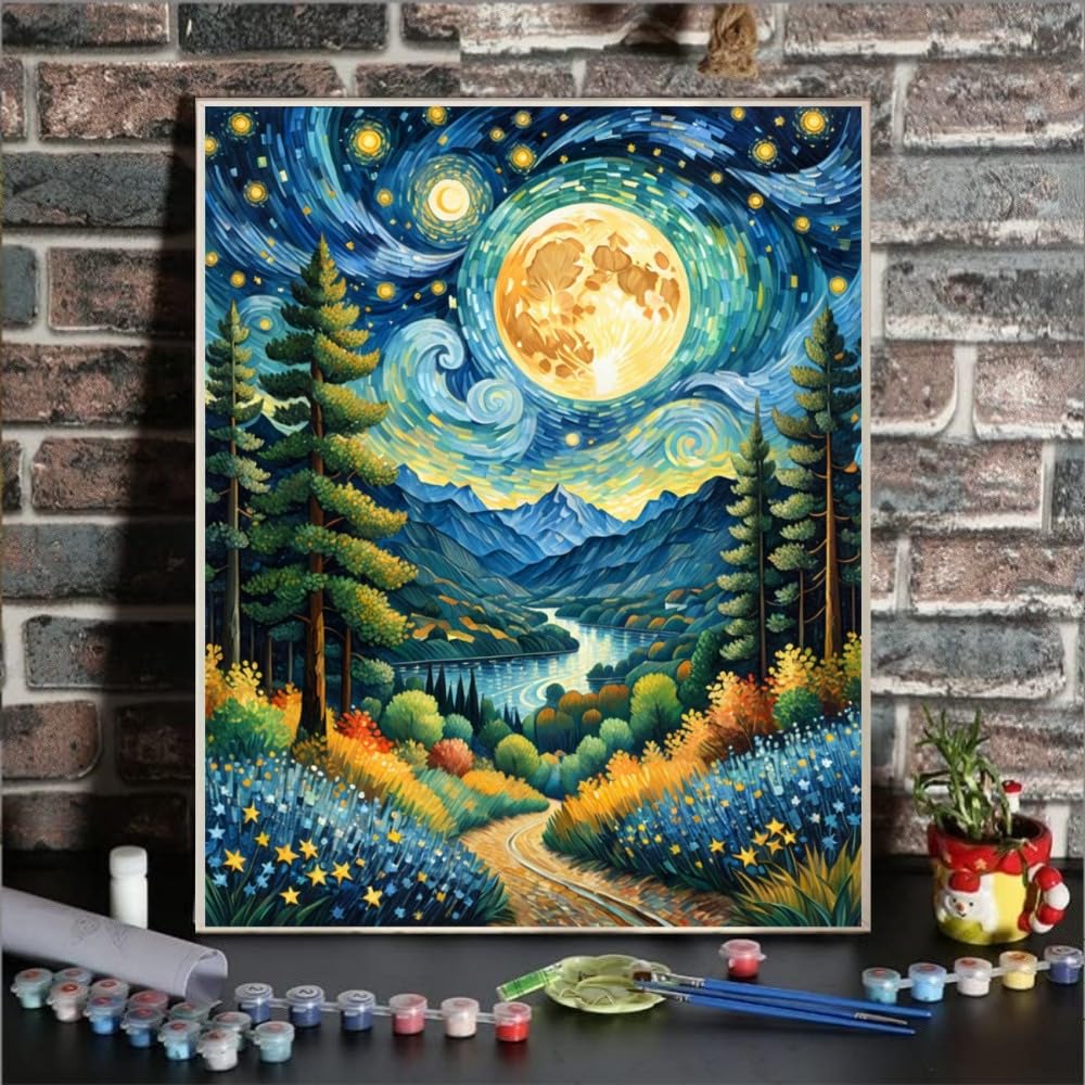 ldazao Moon Paint by Numbers Kit for Adults Beginner Forest Adult Paint by Number Kits On Canvas Adults' Paint-by-Number Kits DIY Oil Painting Kits for Gift Home Wall Decor 16x20 Inch ldazao