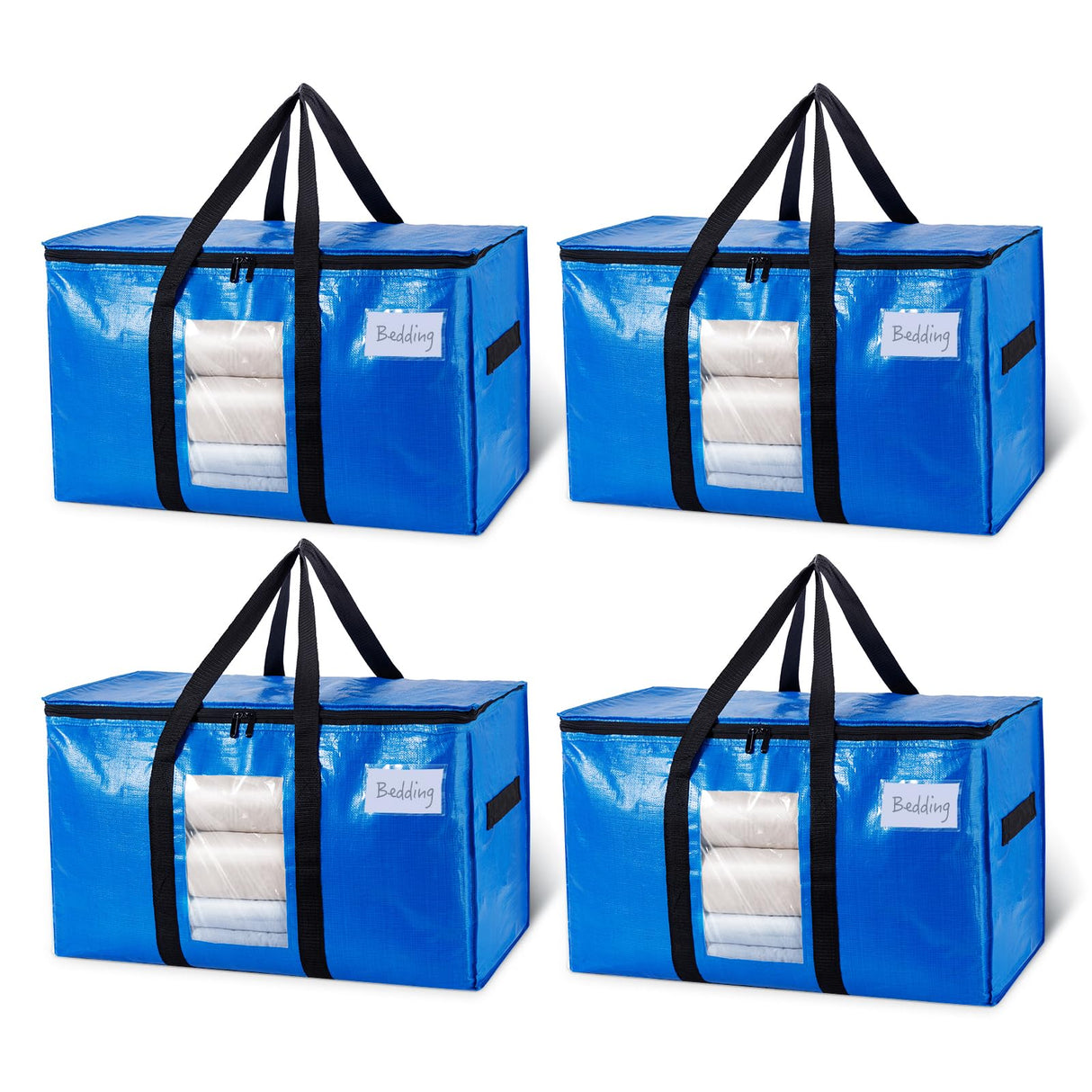 TAILI Extra Large Moving Bags, 4 Pack Blue Heavy Duty Totes For Storage with Visible Window, Wrap Around Handles, Storage Bags for Space Saving, Alternative to Moving Boxes TAILI