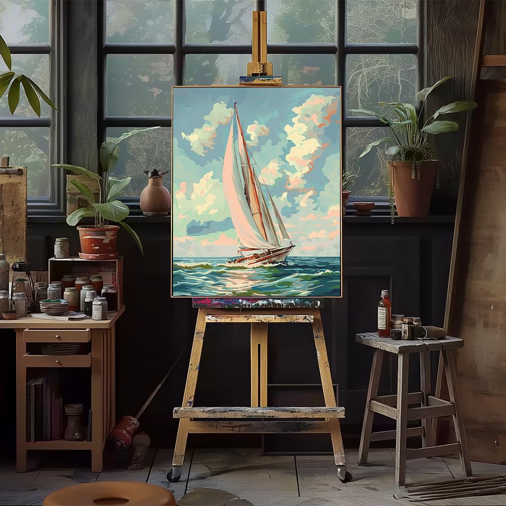 Natuyalo Paint by Numbers Kit for Adults Beginners, 16" Wx20 L Canvas Pictures Drawing Acrylic Paintwork with 3 Pcs Paintbrushes, Sailboat in Waves Natuyalo