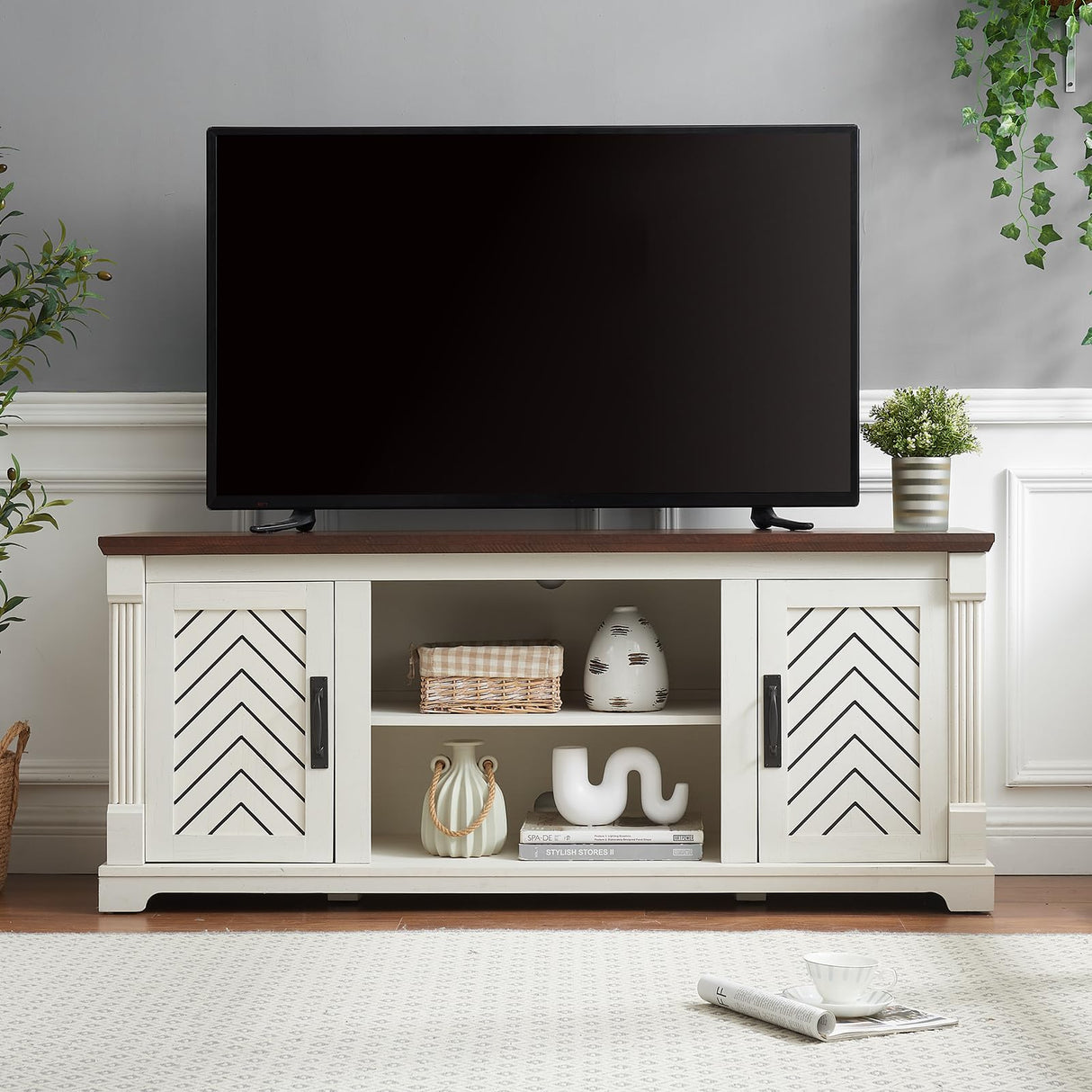 Minifeel Farmhouse TV Stand for 65+ Inch TV, 25" Tall Entertainment Center with Barn Door, Rustic TV Stands for Bedroom with Adjustable Shelf, Wooden TV Consoles for Living Room, Antique White Minifeel