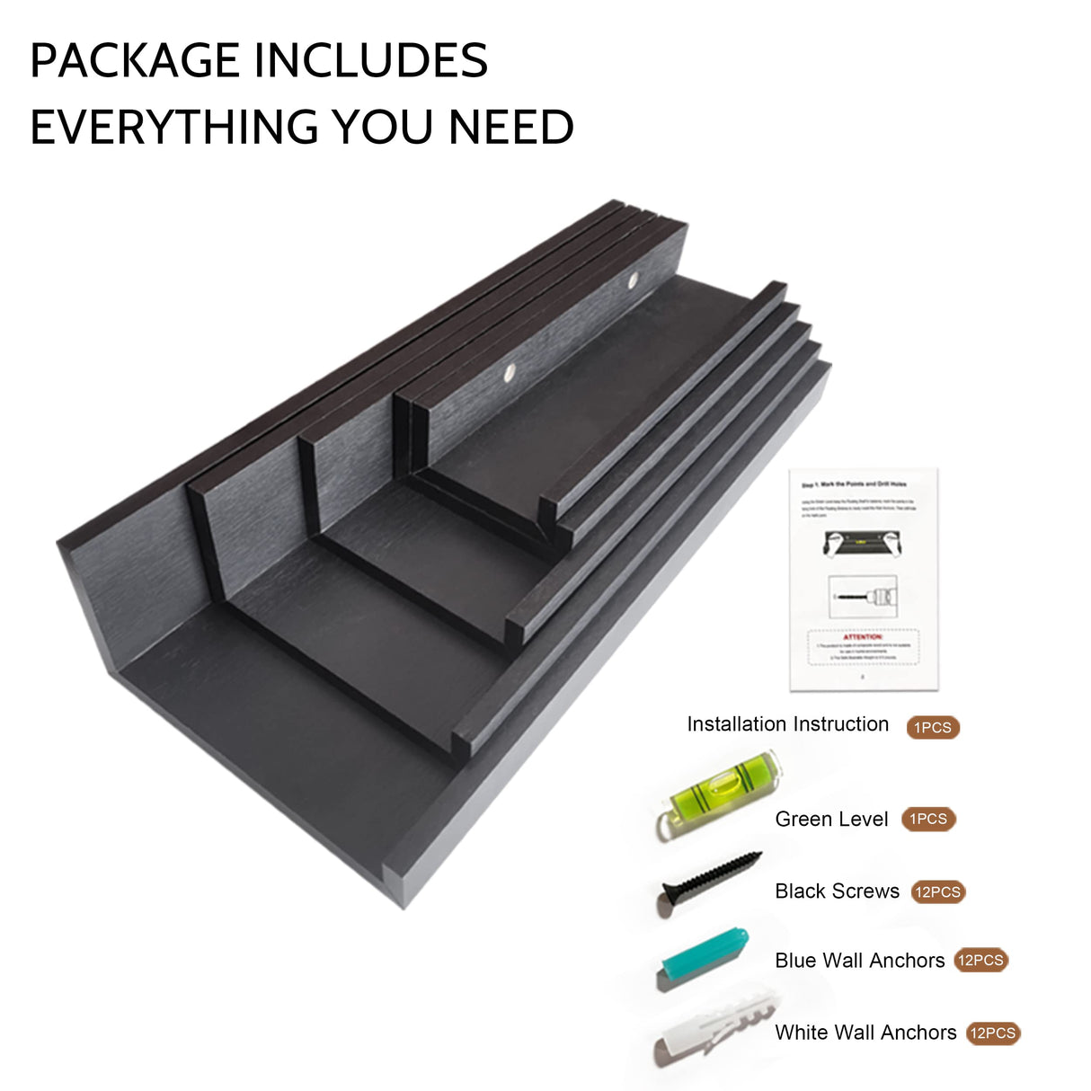 Art Emotion Black Floating Shelves | Set of 5 | Wall Shelf | Wood Bathroom Shelves | Bedroom | Living Room | Kitchen | Office & More (Black) Art Emotion