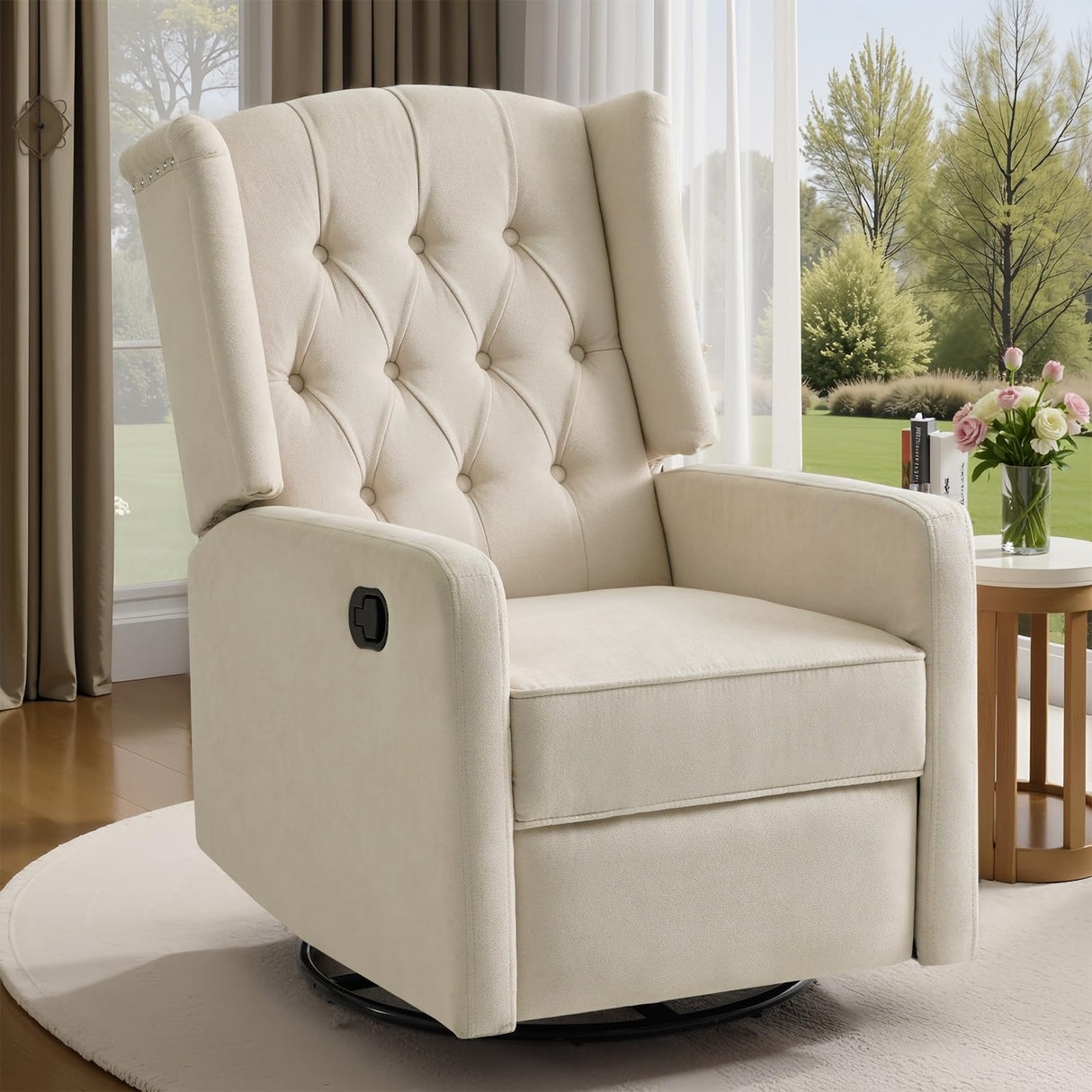 ABAKAN Swivel Rocker Recliner Chair, 360 Degree Nursery Rocking Recliner, Linen Glider Chair with Button Tufted Wingback Chair, for Living Room, Bedroom,Ash Beige ABAKAN