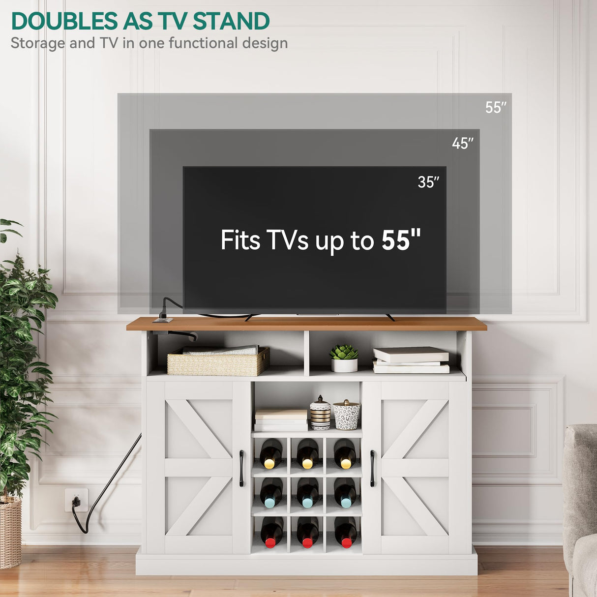 YITAHOME Buffet Cabinet, 47" Farmhouse Coffee Bar with Power Outlet, Floating Shelves, Multi-Functional Storage Sideboard Cabinet for Kitchen and Living Room (White) YITAHOME