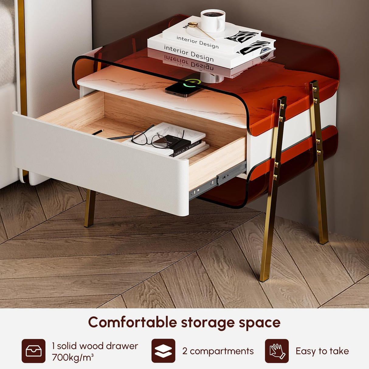 homary Modern Lighted Nightstand with Wireless Charging Station, Acrylic Shelves and Motion Sensor LED – Smart Bedside Table with Leather Drawer and Stainless Steel Legs homary