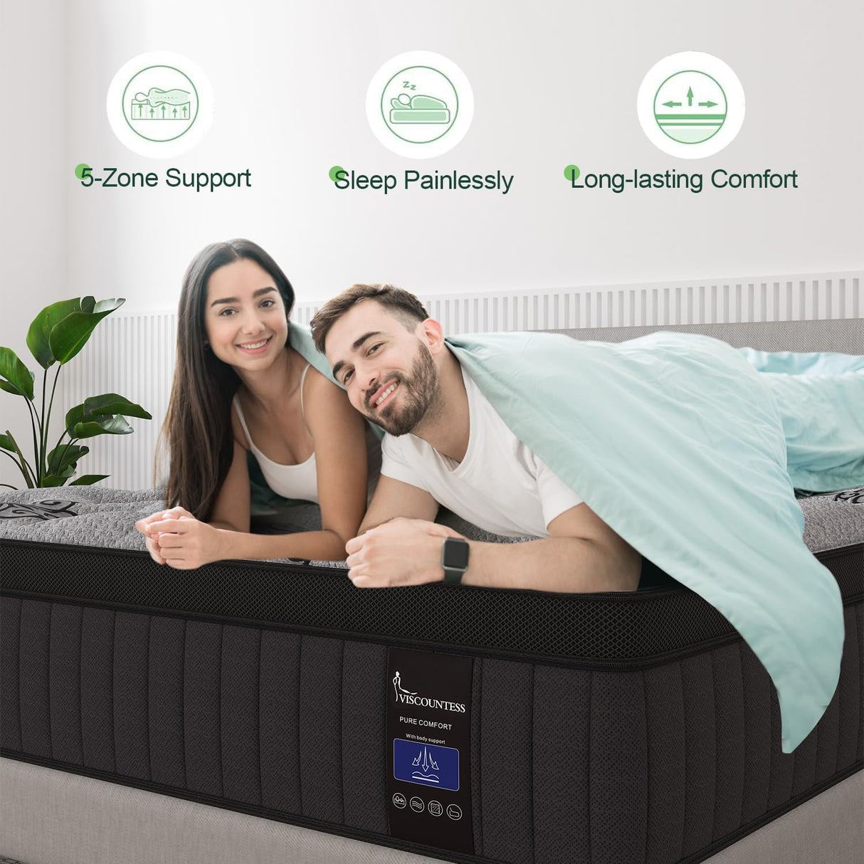 VISCOUNTESS Queen Mattress, 14 Inches Hybrid Mattress Bed in a Box with Gel Memory Foam & Pocket Spring, Euro Top, Medium Firm for Back Support & Pressure Relief, Motion Isolation, Grey VISCOUNTESS