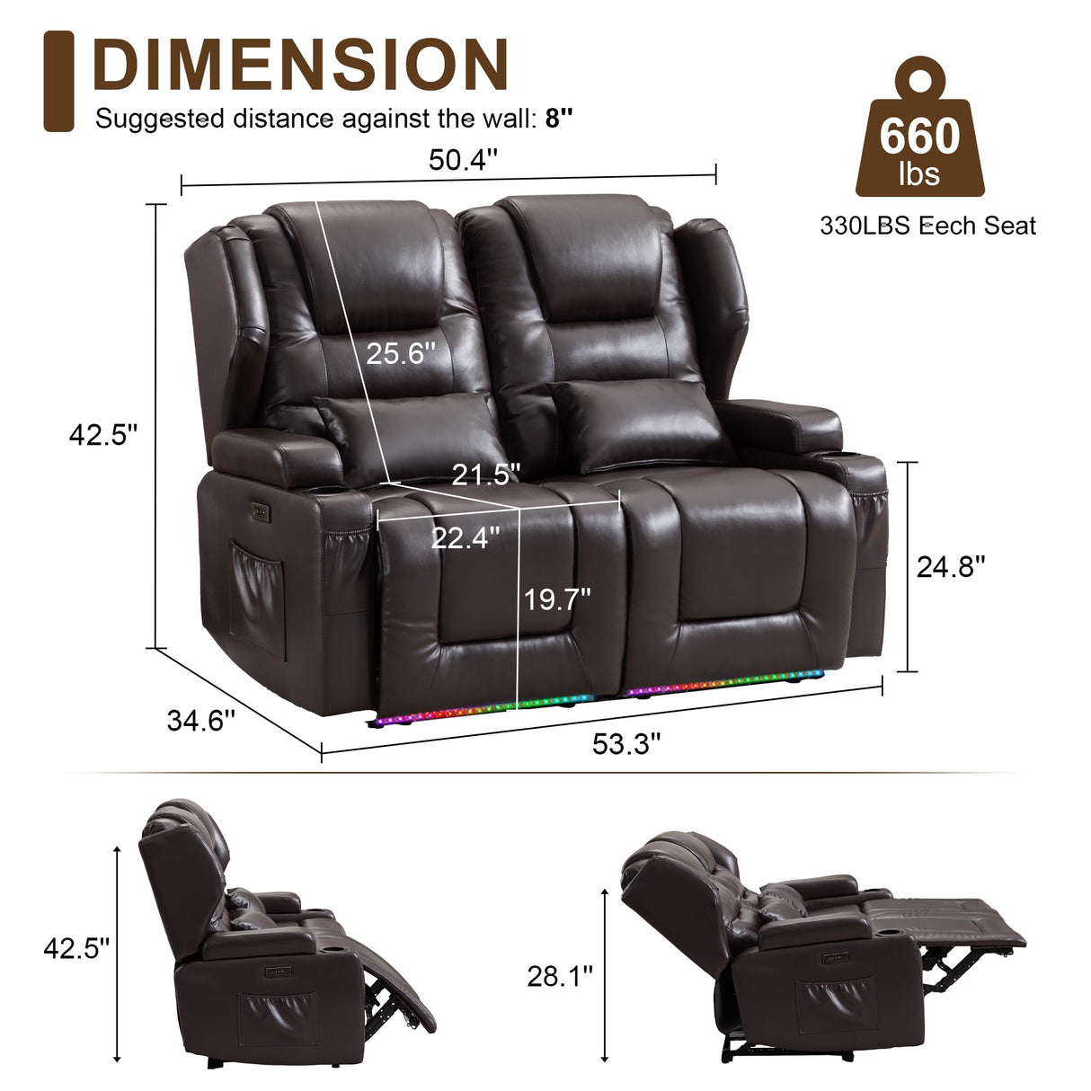 DRMBOOK RV Power Loveseat Recliner Sofa, Leather Double Wall Hugger Reclining Sofa, Home Theater Seating Chair with Cup Holders, 2 Person Couch RV Furniture for Living Room, Brown DRMBOOK