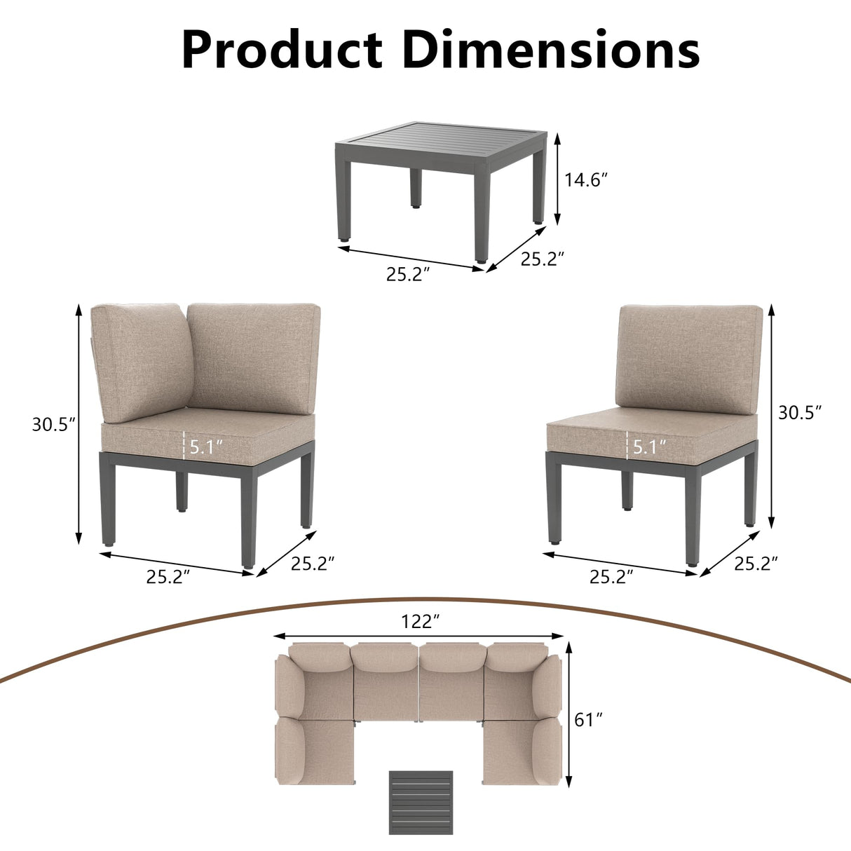 Kullavik Patio Furniture Set,7 Pieces Metal Modern Outdoor Furniture,Outdoor Sectional Sofa w/5.1" Cushions and Coffee Table for Patio,Backyard,Sand Kullavik