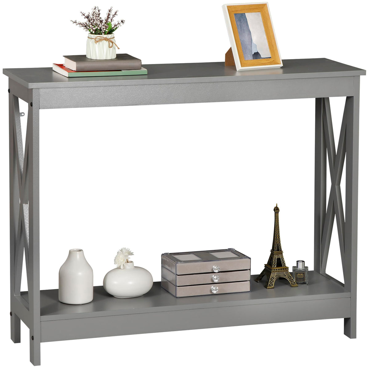 SUPER DEAL 2-Tier Narrow Console Sofa Side Table for Entryway/Hallway/Living Room, 39.3in L x 11.8in W x 31.6in H, Grey SUPER DEAL