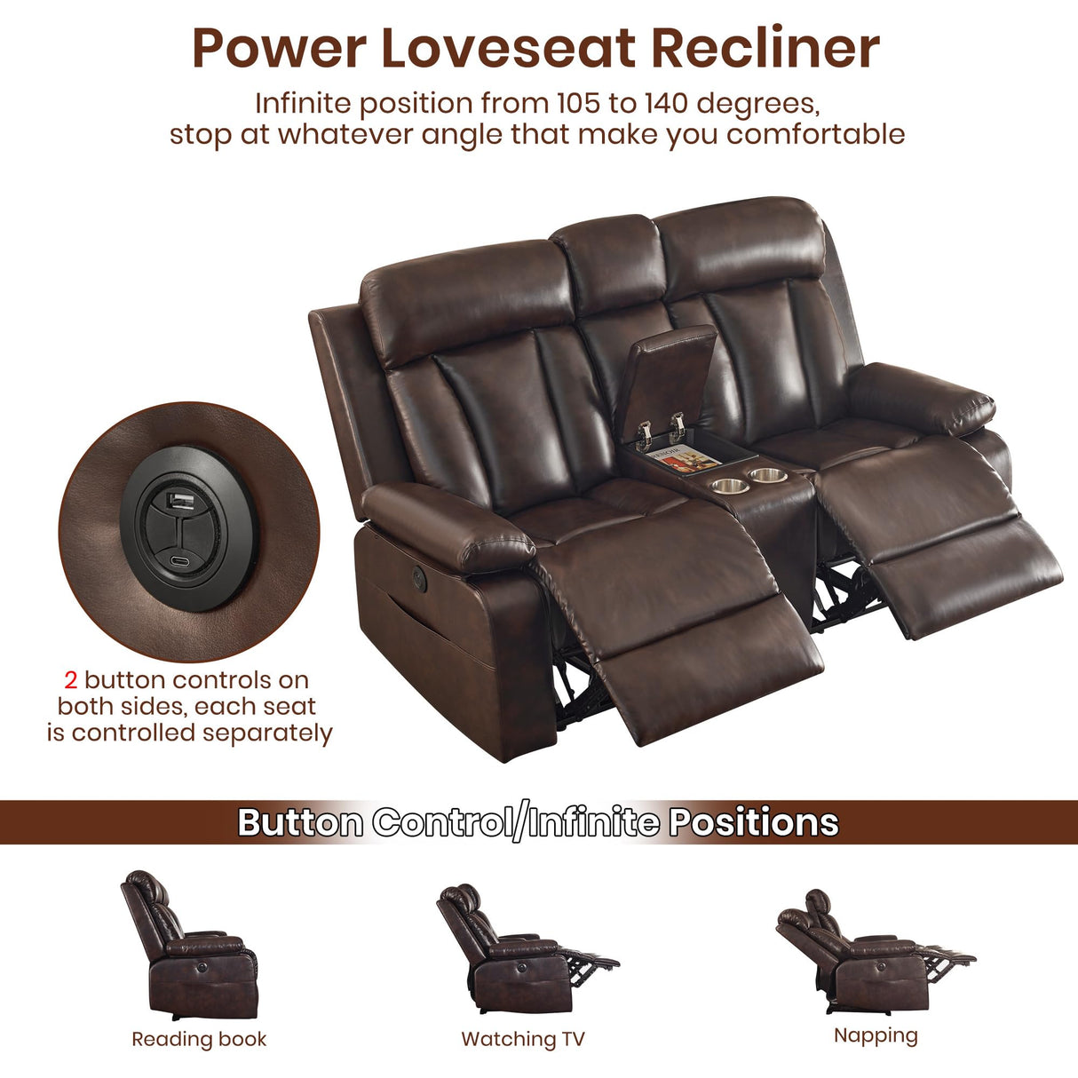 GUEAPY Power Reclining Loveseat with Console, 70.9" Faux Leather Loveseat Recliner with Heat & Massage, Double RV Recliner Sofa with Cup Holders, USB & Type-C Ports, Storage Pocket GUEAPY