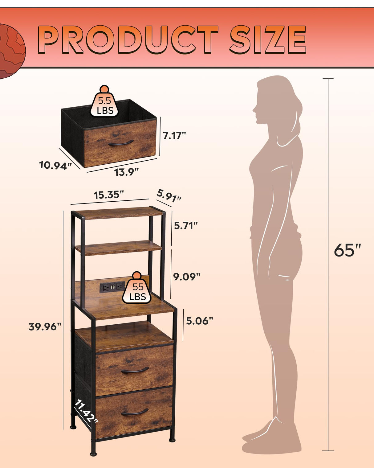 WLIVE Nightstand Set of 2 with Charging Station, LED Night Stand Sets with 2 Drawers and 4 Storage Open Shelves, Fabric Dressers for Bedroom, Rustic Brown WLIVE