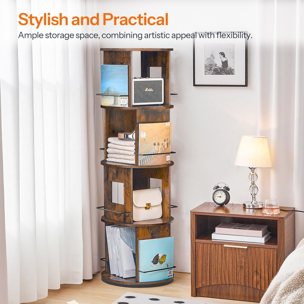 HOOBRO Rotating Bookshelf, 360° Spinning Bookshelf for Small Spaces, 4-Tier Floor Standing Bookcase Storage Rack, Wooden Corner Bookcase for Living Room, Study, Office, Rustic Brown and Black FG54SJ01 HOOBRO