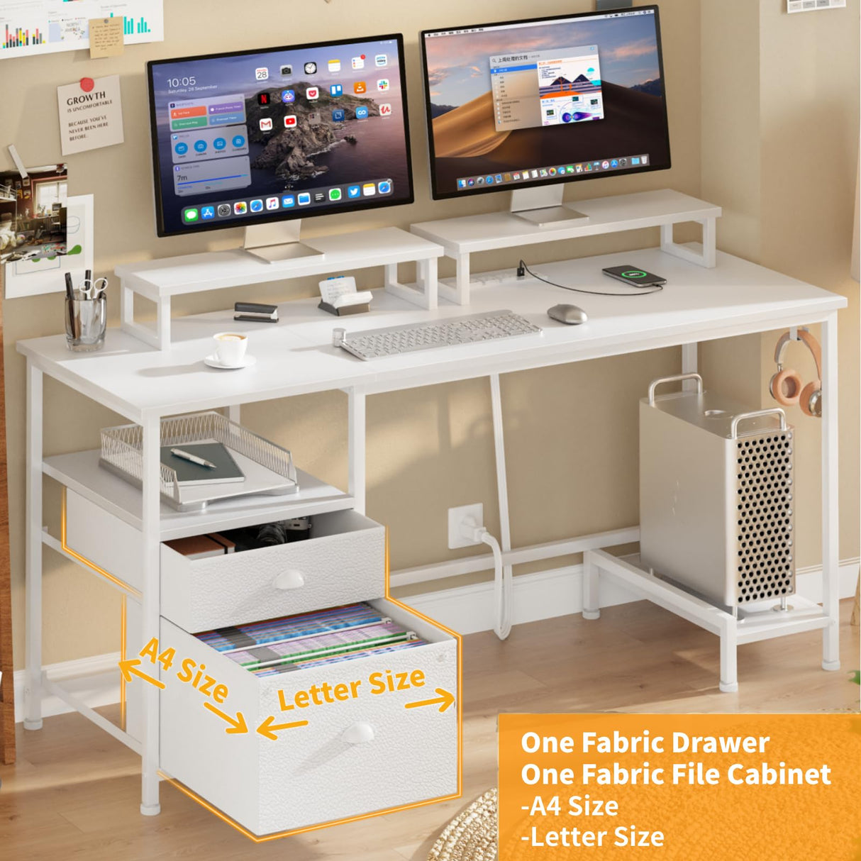Furologee White Computer Desk with Drawer and Power Outlets, 55" Large Gaming Desk with Fabric File Cabinet and 2 Movable Monitor Shelves, Writing Table with CPU Stand and 2 Hooks for Home Office Furologee