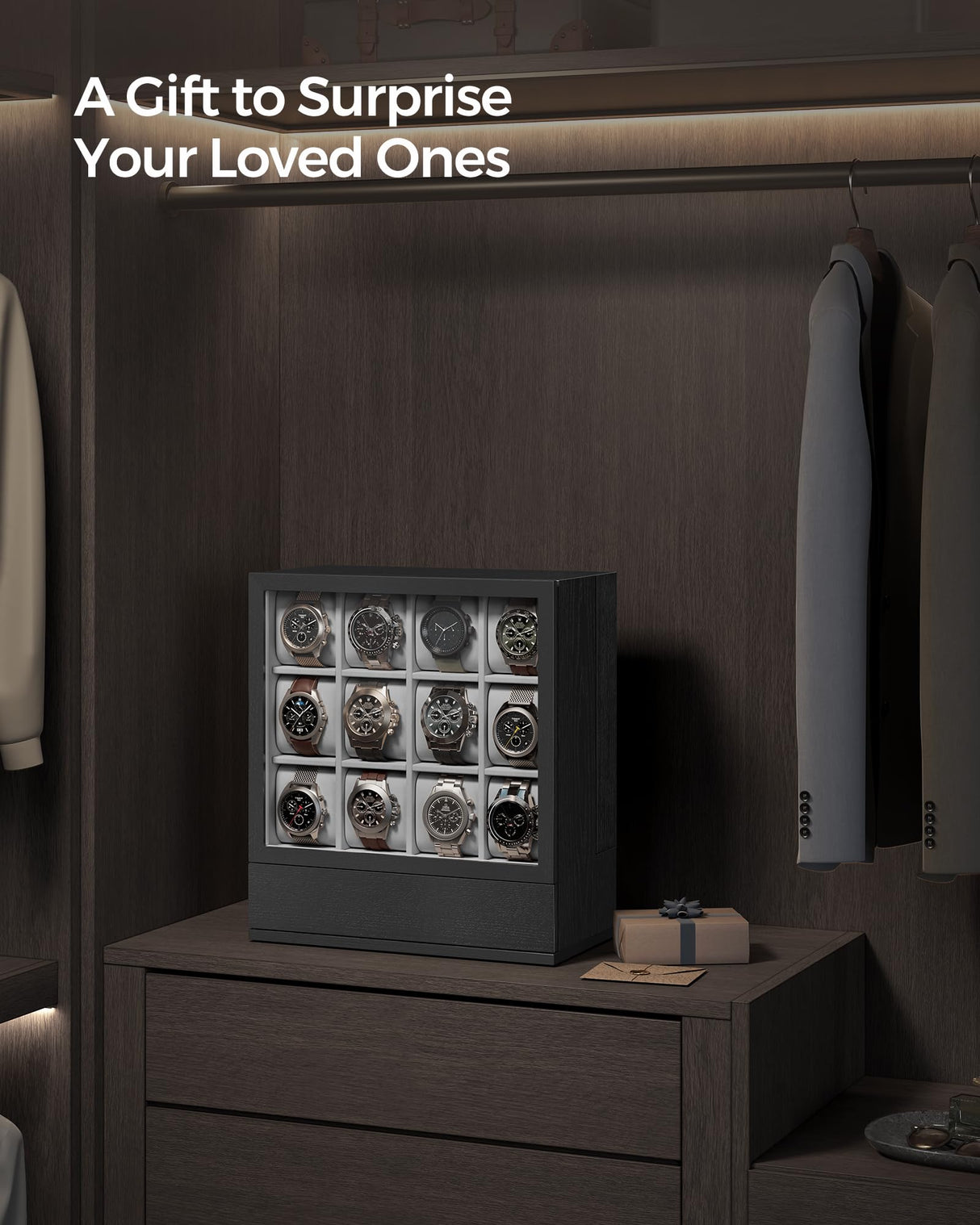 SONGMICS 12-Slot Wooden Watch Box, Watch Display Case with Window, Watch Display Cabinet with Solid Wood Veneer, Velvet Lining, Vertical Storage, SONGMICS