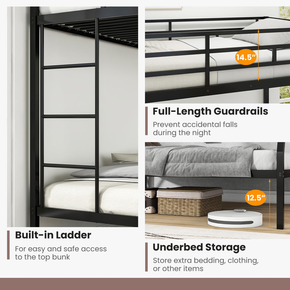 KOMFOTT Metal Twin Over Full Bunk Bed, Heavy Duty Bed Frame with Integrated Ladder, Full-Length Guardrails for Teens & Adults, Space-Saving Bunk Bed for Bedroom & Dorm, No Box Spring Required KOMFOTT