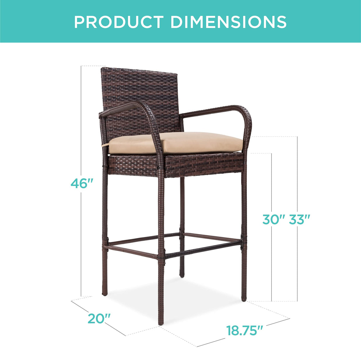 Best Choice Products Set of 2 Wicker Bar Stools, Indoor Outdoor Bar Height Chairs w/Cushion, Footrests, Armrests for Backyard, Patio, Pool, Garden, Deck - Brown Best Choice Products