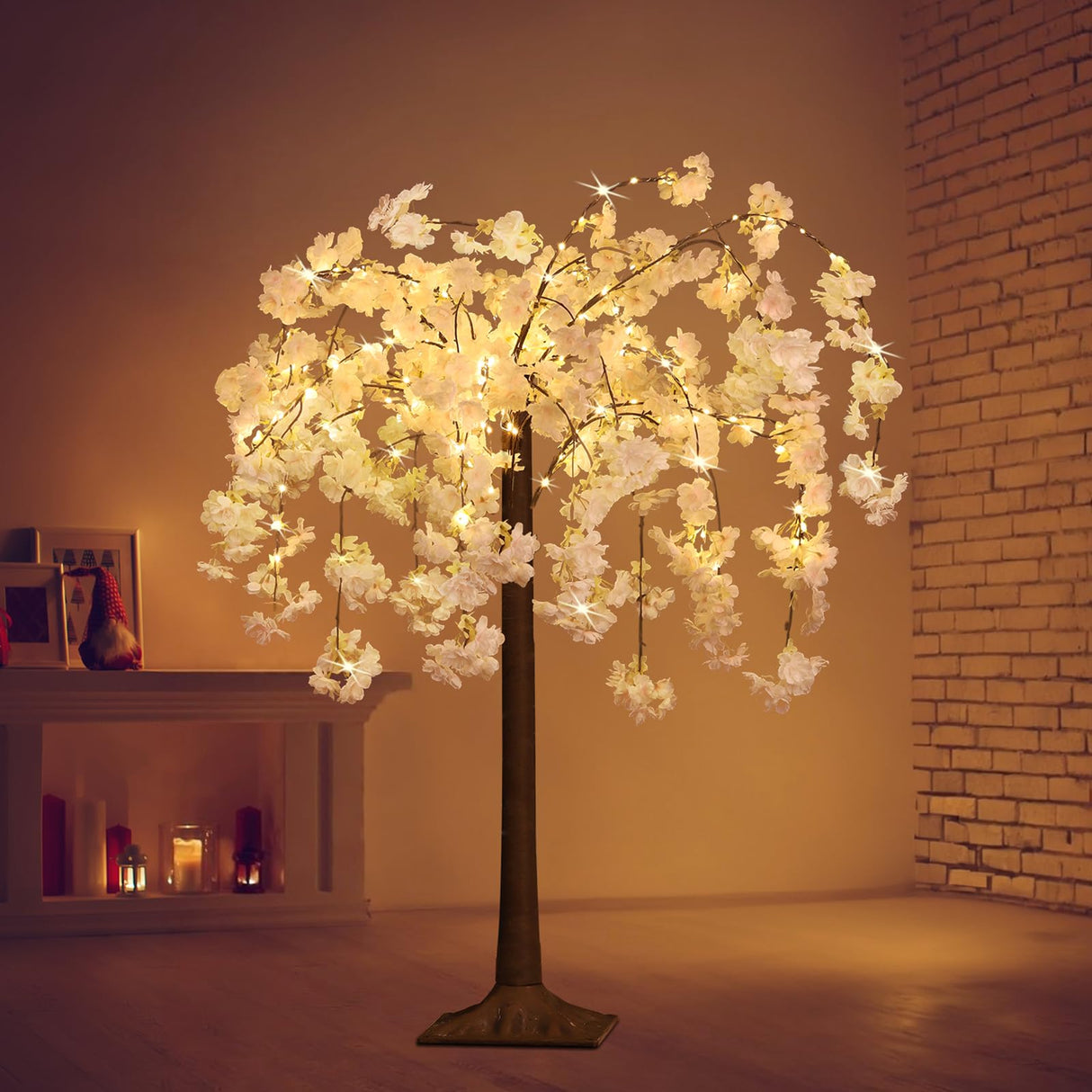 OUSHENG Lighted Cherry Blossom Tree LED Artificial Trees for Decoration Inside, Light up Fake Plant with Faux Flower for Home Wedding Party Festival Christmas Indoor Decor, Warm White, 4FT OUSHENG