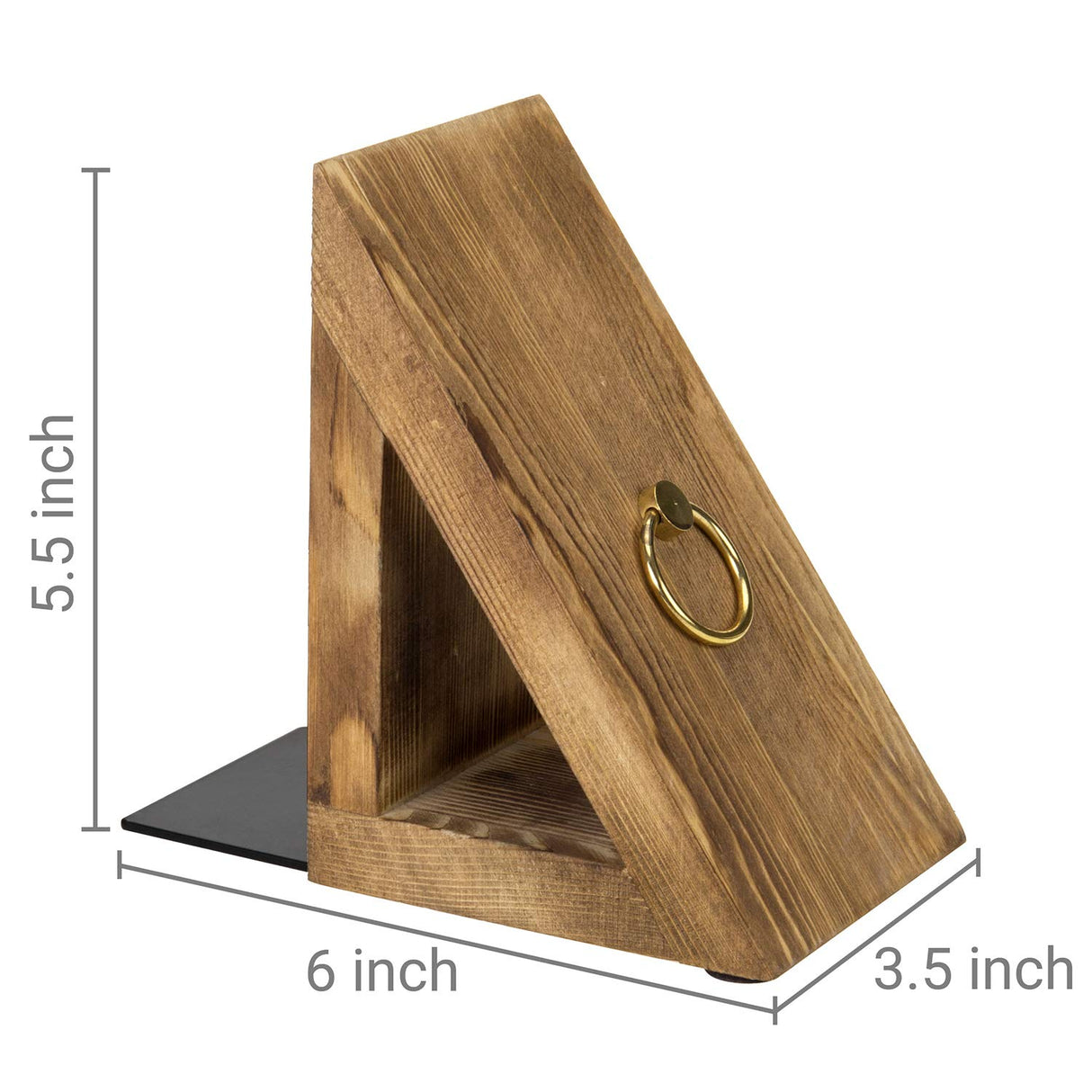 MyGift Rustic Burnt Wood Decorative Bookends with Triangular Design, Office Desk Wooden Bookend Book Stand with Brass Tone Ring Accent, 1 Pair MyGift