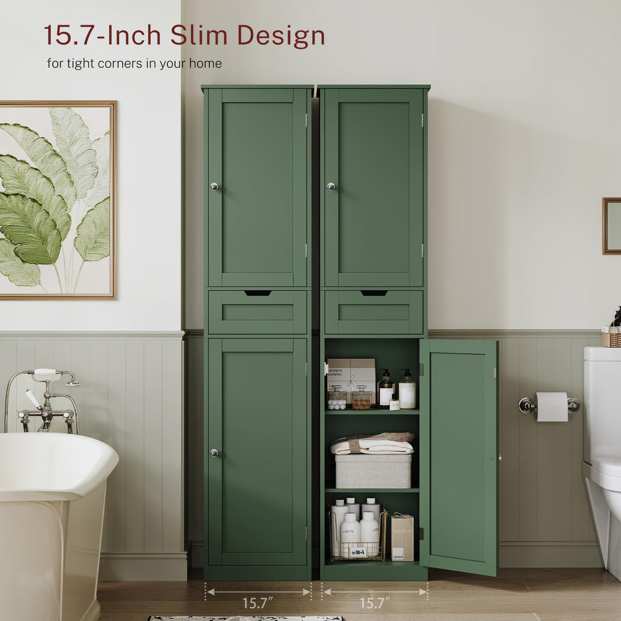 TEENFON Tall Bathroom Cabinet with 2 Doors & 1 Drawer, Narrow Bathroom Storage Cabinet with Adjustable Shelves, for Living Room, Entryway, Kitchen, Forest Green TEENFON