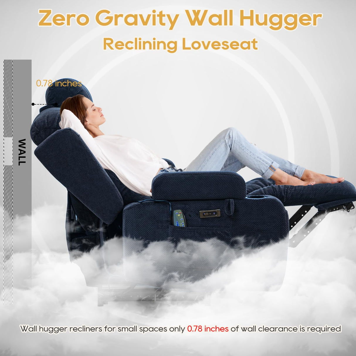 IPKIG Power Loveseat Recliner Sofa with Flip-Up Backrest Console, Drawer, AC Outlet, LED Light, Bluetooth Speakers, Wall Hugger Recliners for Living Room, RV, Home Theater (Navy Blue, Loveseat) IPKIG