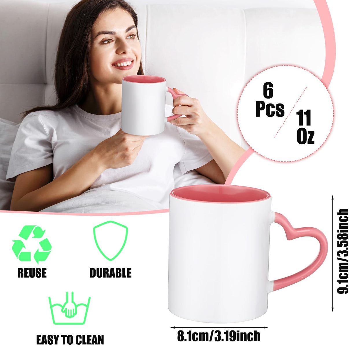 Mifoci 6 Pack Sublimation Mugs for Christmas Bulk, 11 oz Blanks Sublimation Coffee Mugs with Heart Handle White Ceramic Coffee Cup for Christmas Thanksgivng Employees Gifts(Multicolor) Mifoci