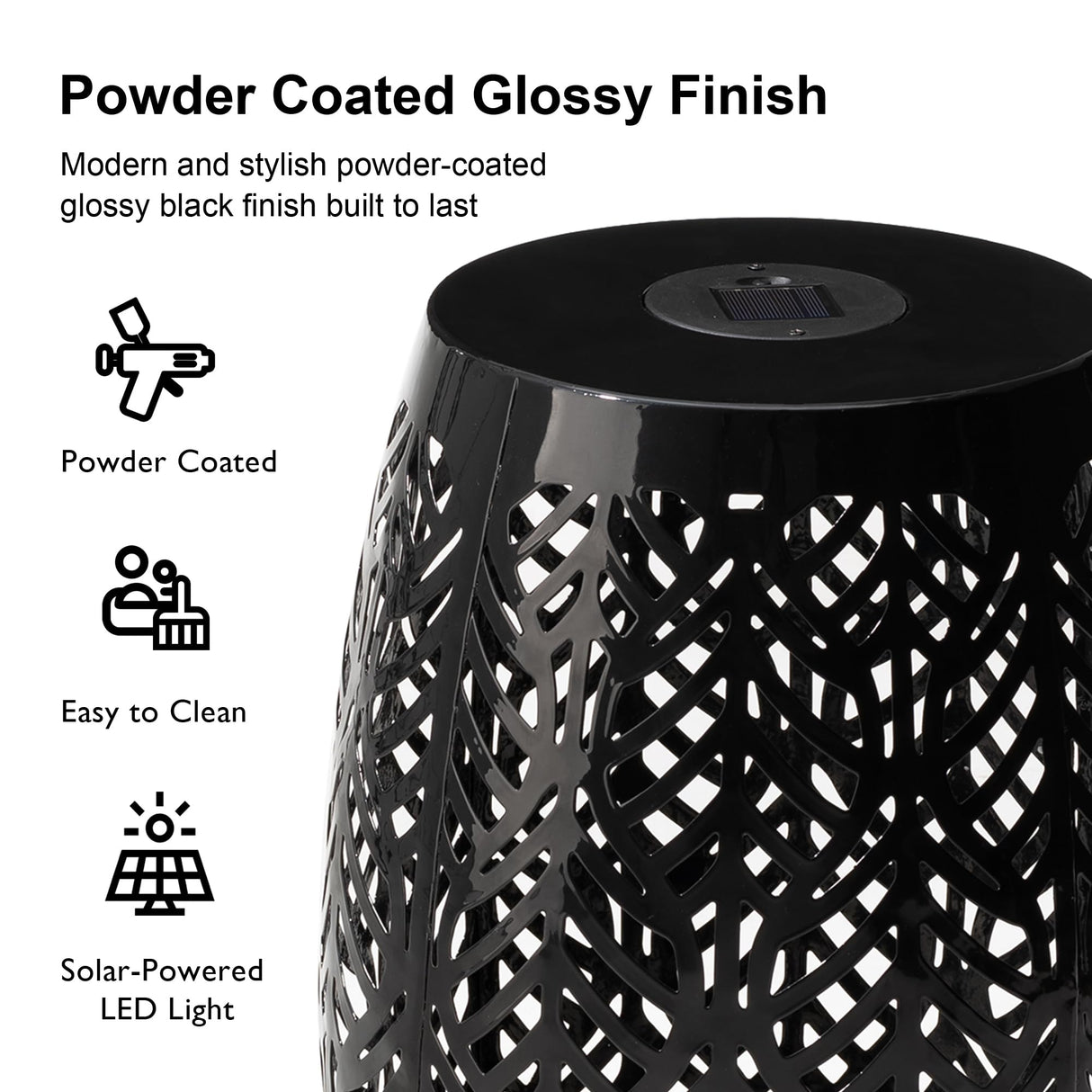 Glitzhome Decorative Garden Stool with Solar Powered Light,18.25" H Metal Outdoor Iron Side Table Coffee End Table Nightstand Decorative Planter Stand for Living Room Front Porch Garden,Black Glitzhome