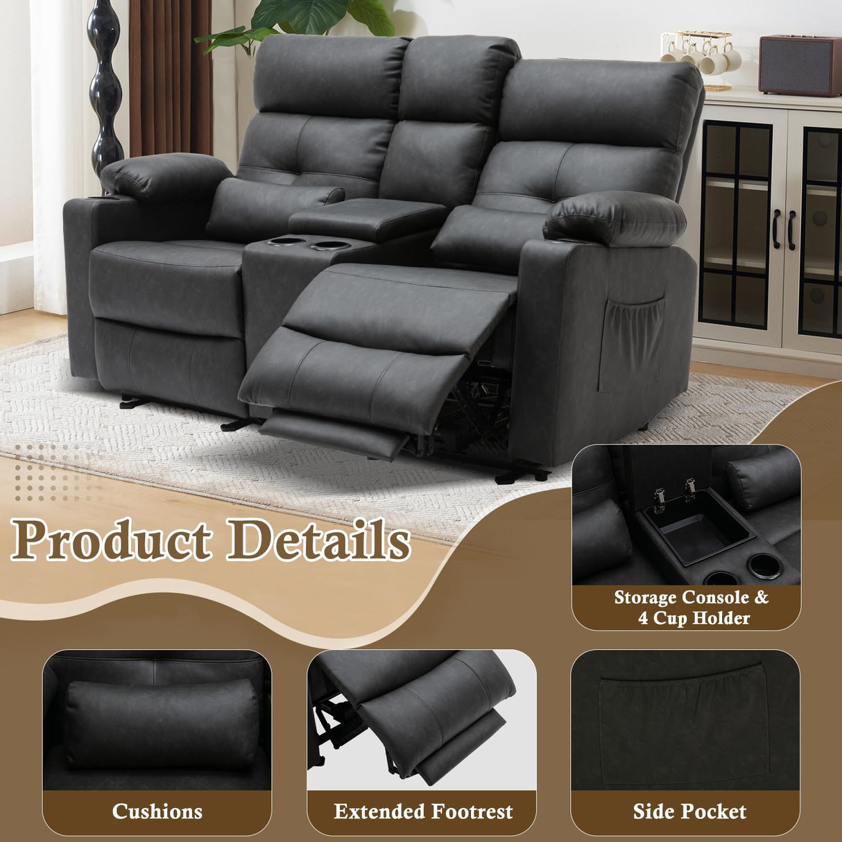 PALLOME Power Loveseat Recliner Sofa with Console, Loveseat Reclining Sofa with Heat & Massage, Home Theater Seating with Lumbar Pillow for Living Room, RV Recliner Loveseat (PU, Dark Gray) PALLOME