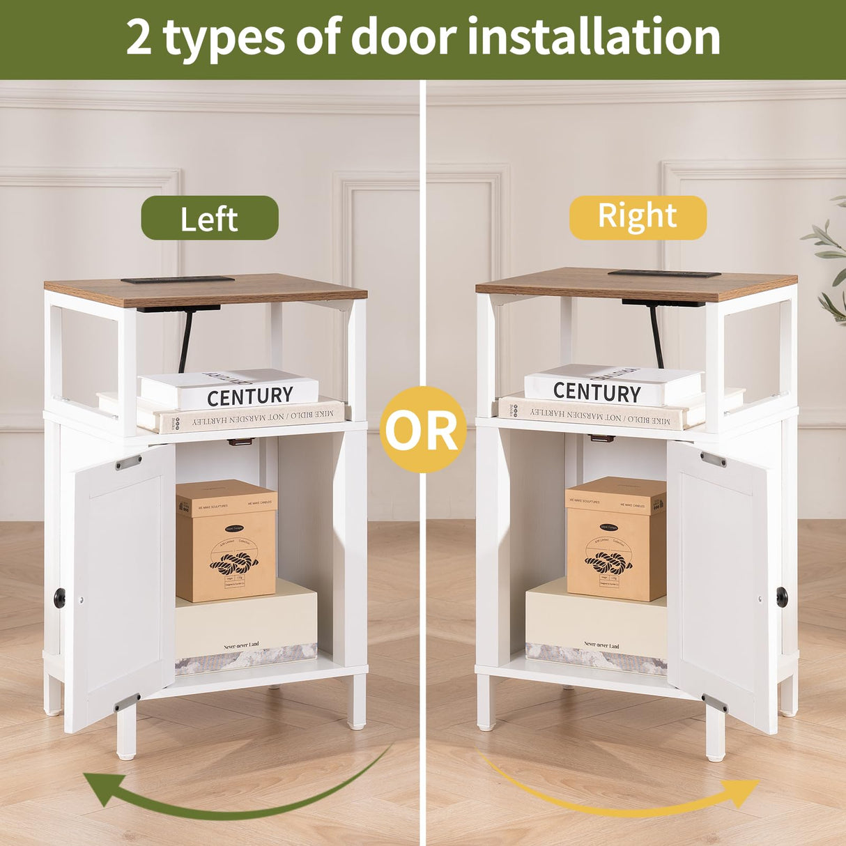 Yoobure Farmhouse Nightstand with Charging Station, Wood Night Stand End Table with USB Ports, LED Bed Side Table with Storage Cabinet, Bedside Table for Bedroom, Living Room White Yoobure