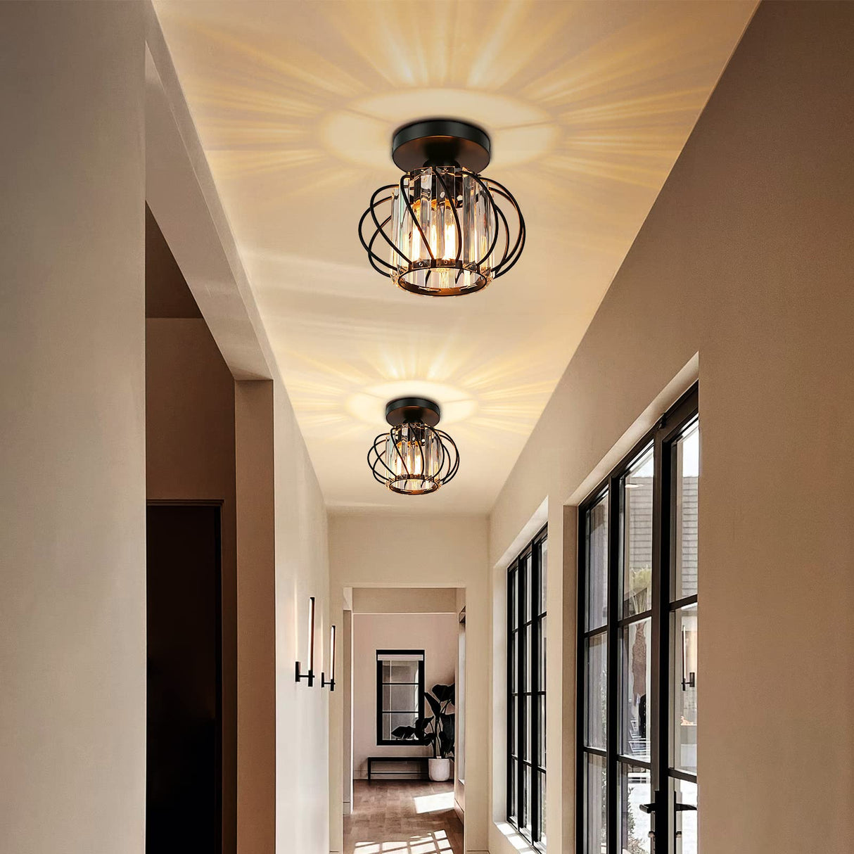 FRIDEKO HOME 2-Pack Semi Flush Mount Ceiling Light - Small Crystal Chandelier Hallway Black Metal Cage Modern Light Fixture for Entryway Bedroom Porch Kitchen FRIDEKO HOME