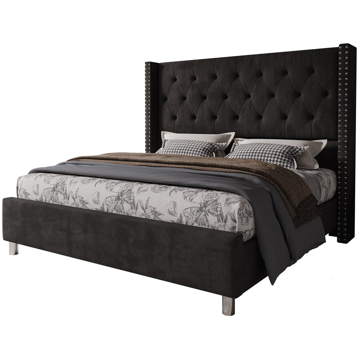 Jocisland Queen Bed Frame Upholstered Bed Wingback Headboard Velvet Tufted Diamond Button/No Box Spring Needed/Easy Assembly/Black Jocisland