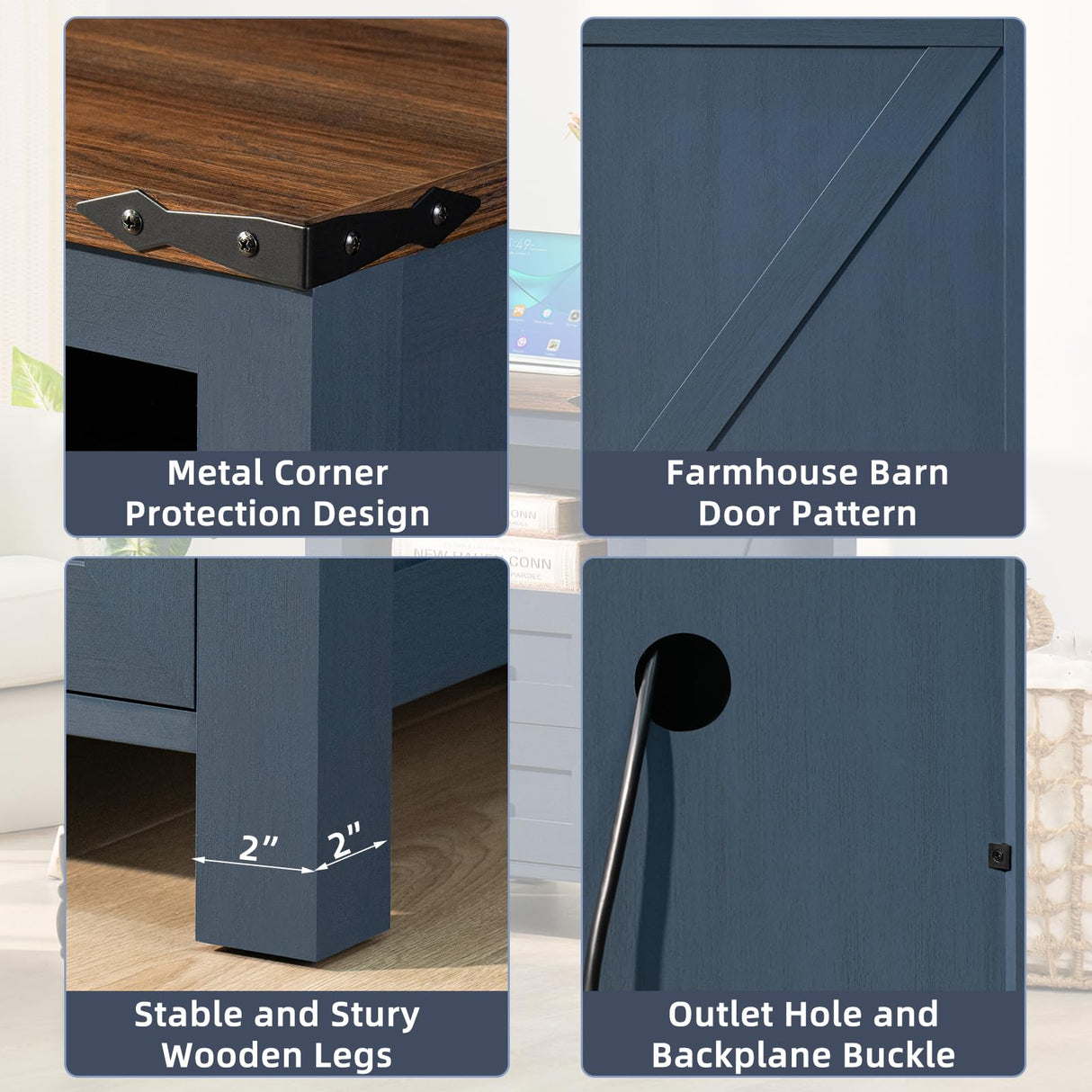 Joaxswe Nightstand with Charging Station, Farmhouse Night Stand with 2 Drawers and Shelf Storage, Blue Wooden Side End Table, Bedside Cabinet for Bedroom, Living Room, Closet,Office Joaxswe