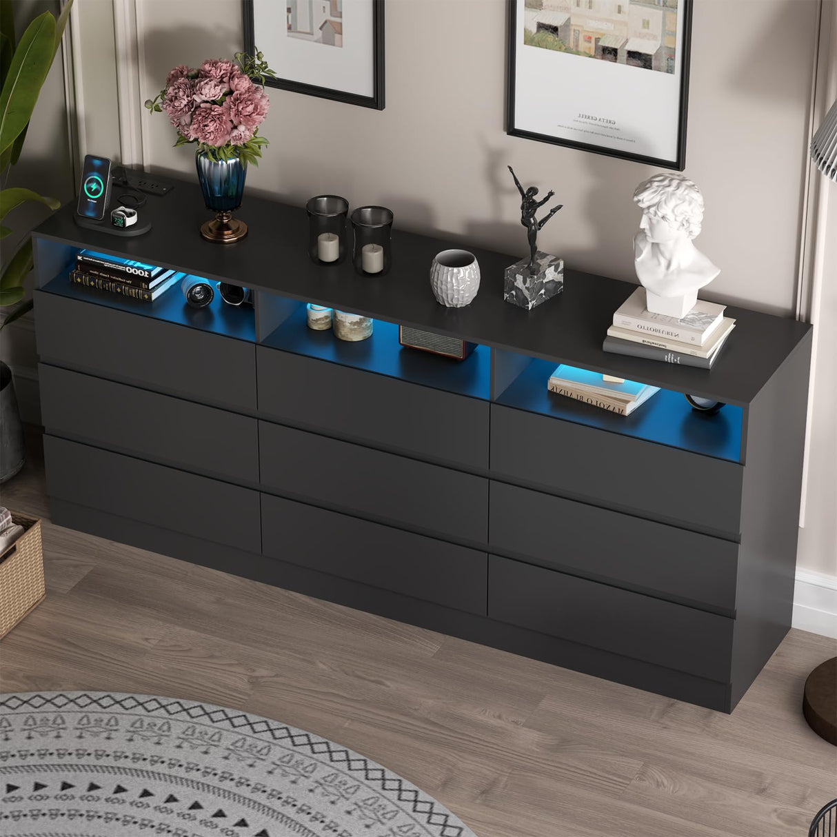 Loomie 9 Drawer Dresser with Power Outlet, Modern Chest of Drawers with LED Light, Long Wide Drawer Dresser Organizer Cabinet, Black Dresser for Bedroom, Living Room, Entryway Loomie