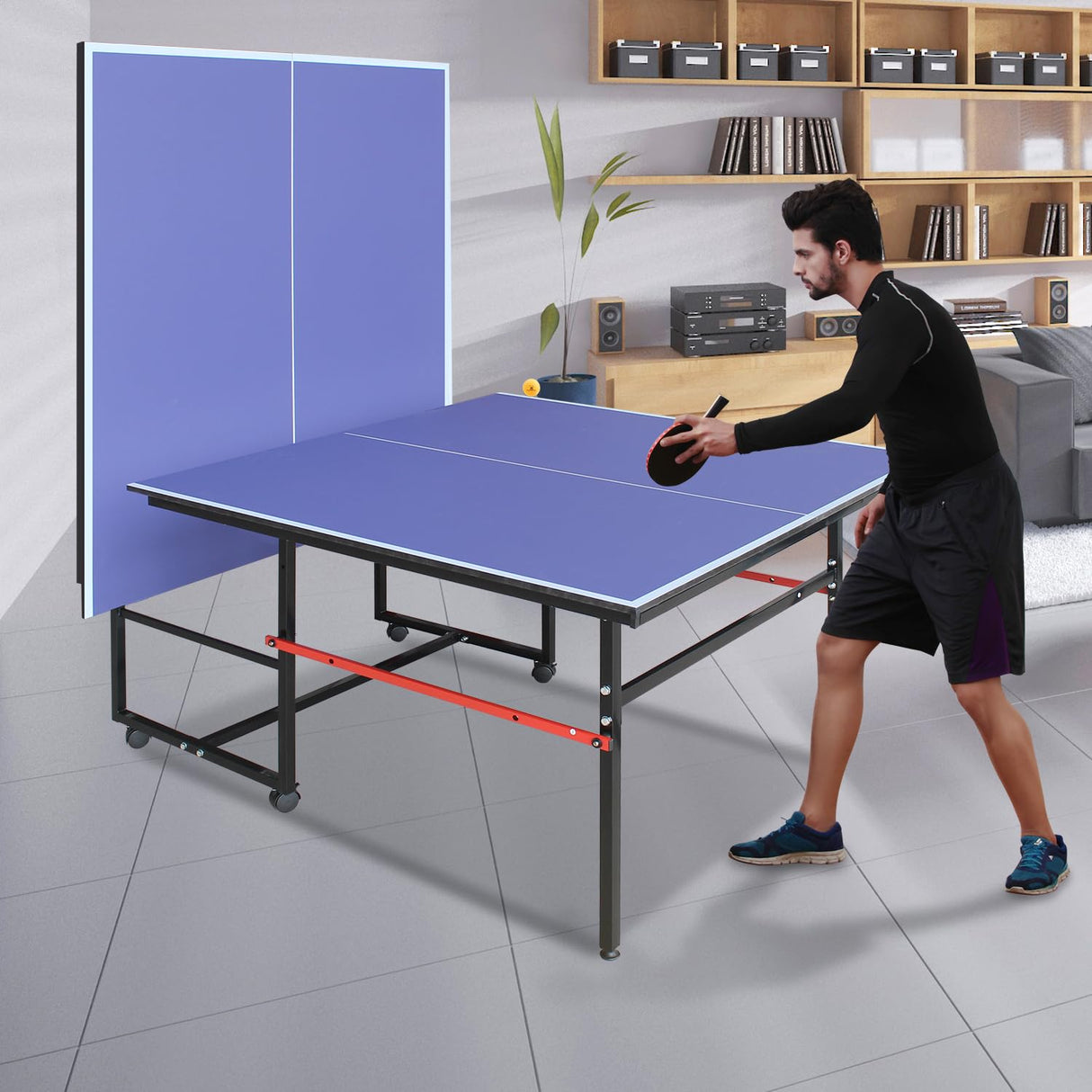 Professional Table Tennis Table, Foldable Ping Pong Game Set for Indoor, 8FT 9FT Single Player Playback Mode Ping Pong Table with Net and Post Set, 2 Paddles and 3 Balls (Blue-8FT) Generic