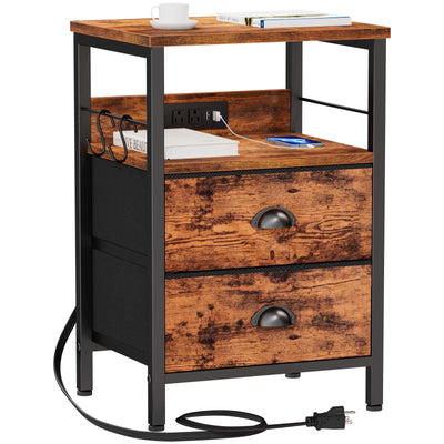 Furologee End Table with Charging Station, Nightstand with Fabric Drawers, Side Table with USB Ports & Outlets, Night Stand with Storage Shelf & Hooks, for Living Room/Bedroom, Rustic Brown