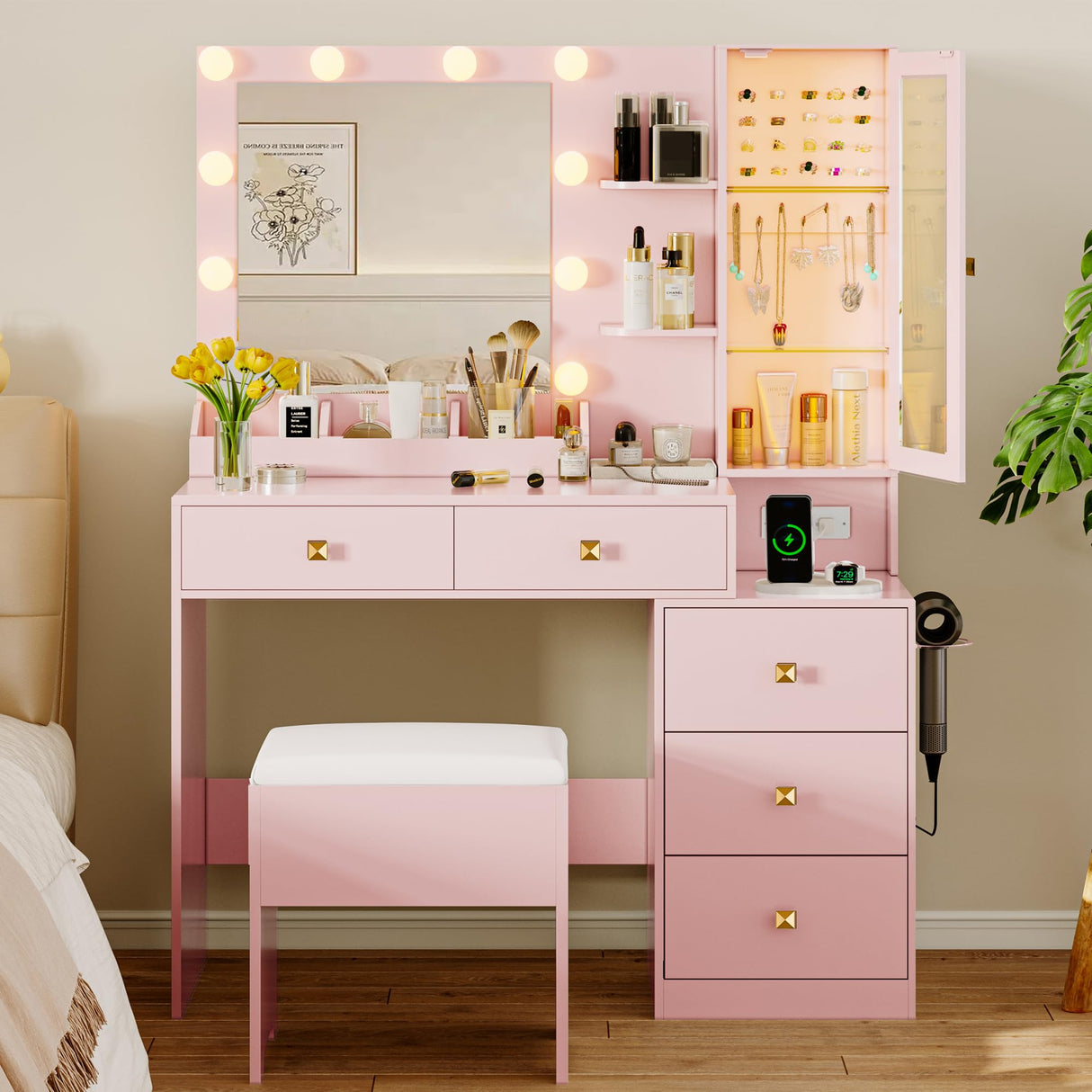Vanity Desk with Mirror and Lights, Makeup Vanity Table Set with 5 Storage Drawers, Power Outlet & Chair, Small Dressing Table with RGB Ambient Light, Adjustable Brightness for Girls Bedroom, Pink Xixini