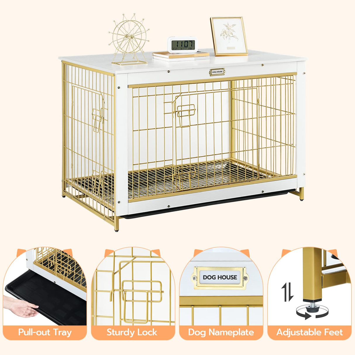 HOOBRO Dog Crate Furniture, 38.6" Large Dog Kennel Indoor, Wooden Dog Crate with Pull-Out Tray, Double Doors Dog House, Modern Side End Table for Small/Medium/Large Dog, White DW982GW03 HOOBRO