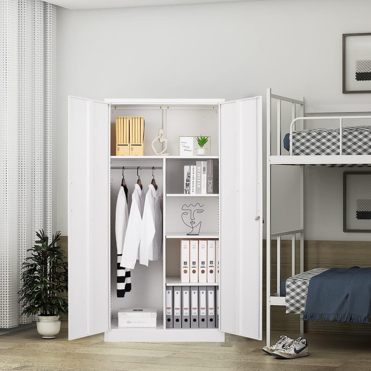 Yizosh Metal Armoire Wardrobe Closet Cabinet for Hanging Clothes with Lock Doors, -72" Steel Lockable Wardrobe Storage Locker Clothes Organizer for Bedroom, Laundry Room (White) Yizosh