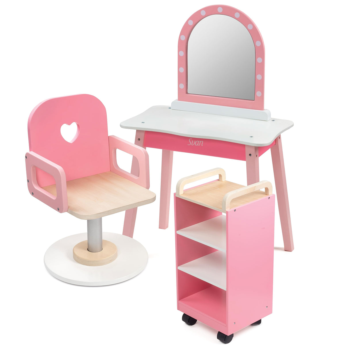 Pretend Hair Salon Wooden Play Set - Full Vanity Mirror Playset w Chair & Rolling Cart- Includes Blow Dryer, Brush, Styling, Cutting Tools & More - Hair Dresser Stylist Fun, Beauty Care for Girls Kids Svan