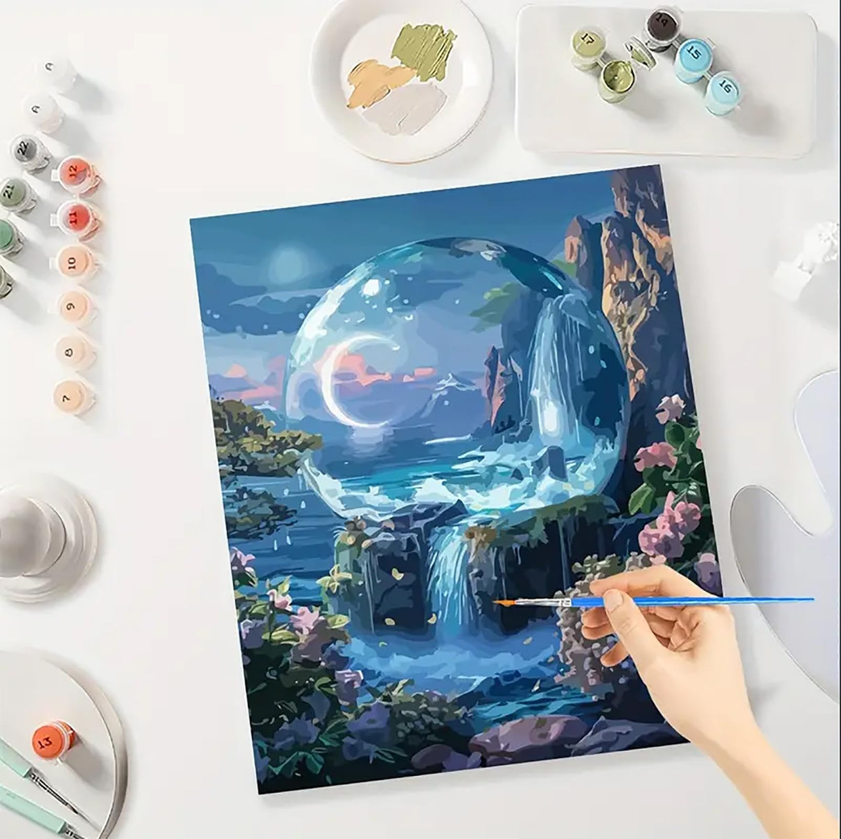 MaiMMaledy Paint by Numbers Kit for Adults Beginners Canvas Pictures with Framed Drawing Painting Acrylic Pigment with Wooden Triangle Easel Waterfall Night View 8Wx12L inch MaiMMaledy