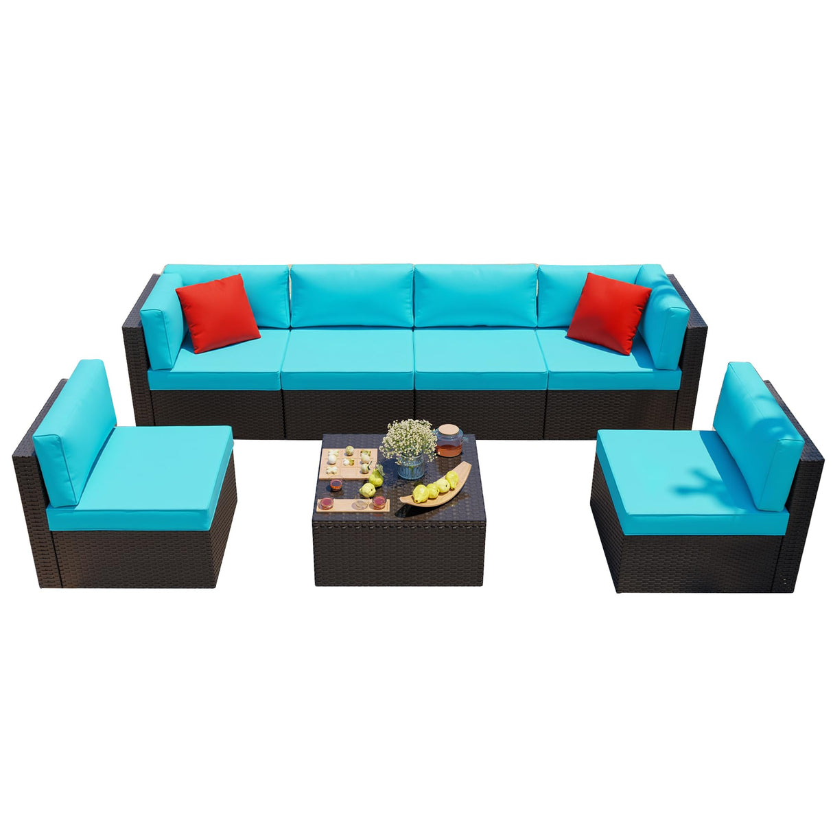 Shintenchi 7 Pieces Patio Furniture Sets Outdoor All-Weather Sectional Patio Sofa Set PE Rattan Manual Weaving Wicker Patio Conversation Set with Glass Table&Ottoman Cushion and Red Pillows, Blue Shintenchi