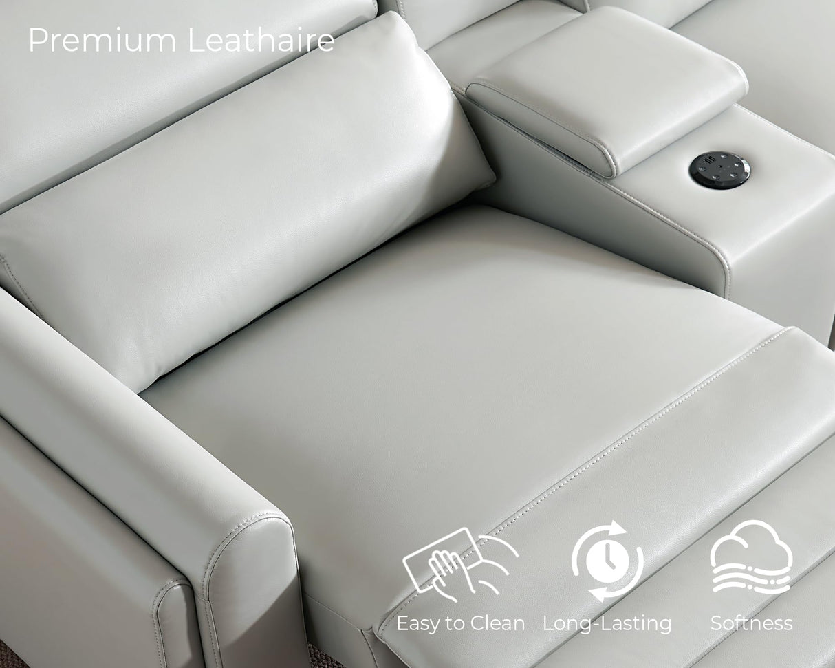 Jocisland Dual Power Recliner, Oversized 5-Seater Sofa with Console, 3 Bluetooth Speakers & Hidden Storage, Modern L Shaped Reclining Couch with 6 Charging Ports - Light Gray Leathaire Jocisland