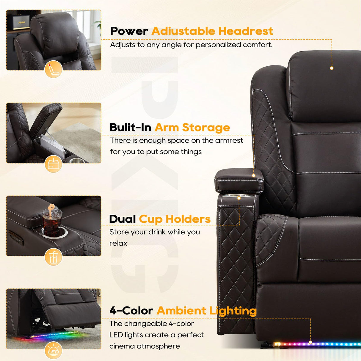 IPKIG Homer Theater Seating Recliner, Power Recliner Chair with Adjustable Powered Headrest, 4 Colors Ambient Lightings, Hidden Arm Storage, USB Port, Side Pockets and Cup Holders (1, Brown) IPKIG