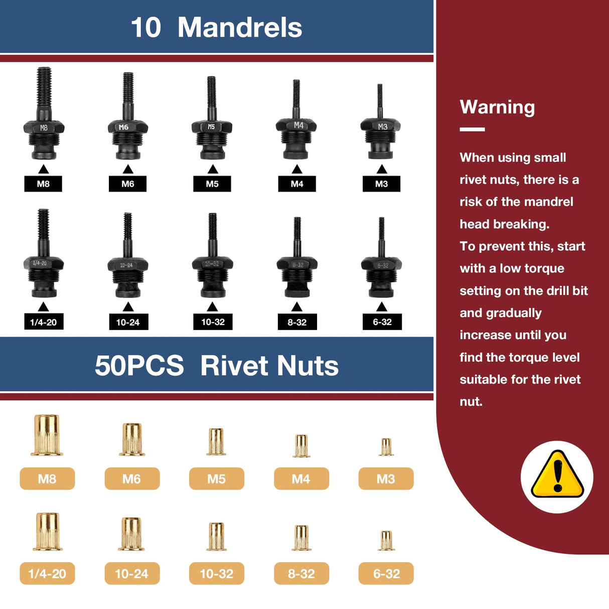 YUZES Rivet Nut Tool Adapter for Cordless Drill Electric- Newly Labor-Saving Rivet Nut Gun Kit with 5 Metric and 5 SAE Mandrels and 50Pcs Assorted Rivet Nuts, Rugged Carrying Case YUZES